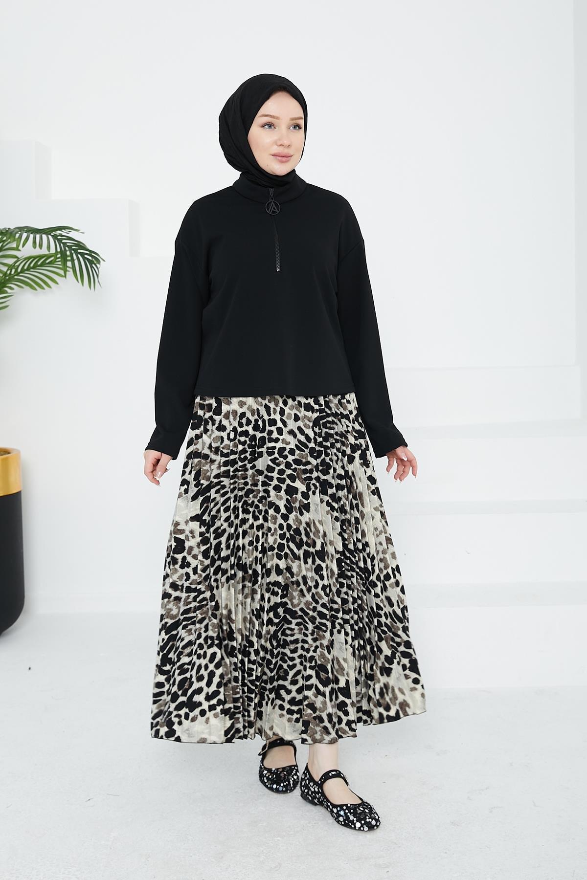 ARMİNE TREND Leopar Etekli İkili Takım-Siyah 24KT648