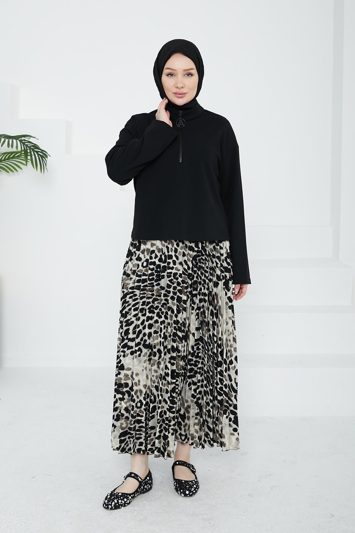 ARMİNE TREND Leopar Etekli İkili Takım-Siyah 24KT648