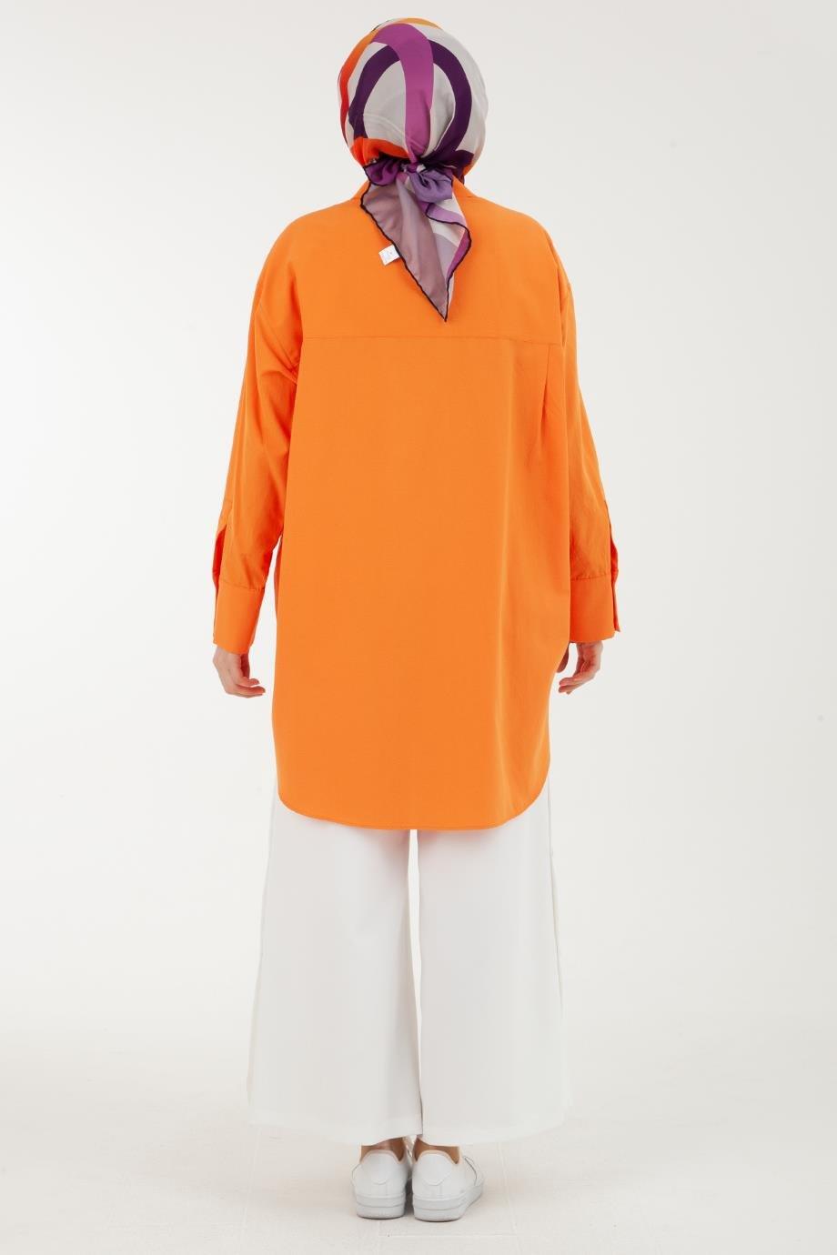 ARMİNE TREND Nakış Detaylı Kolları Pileli Salaş Tunik-Oranj 23YT435
