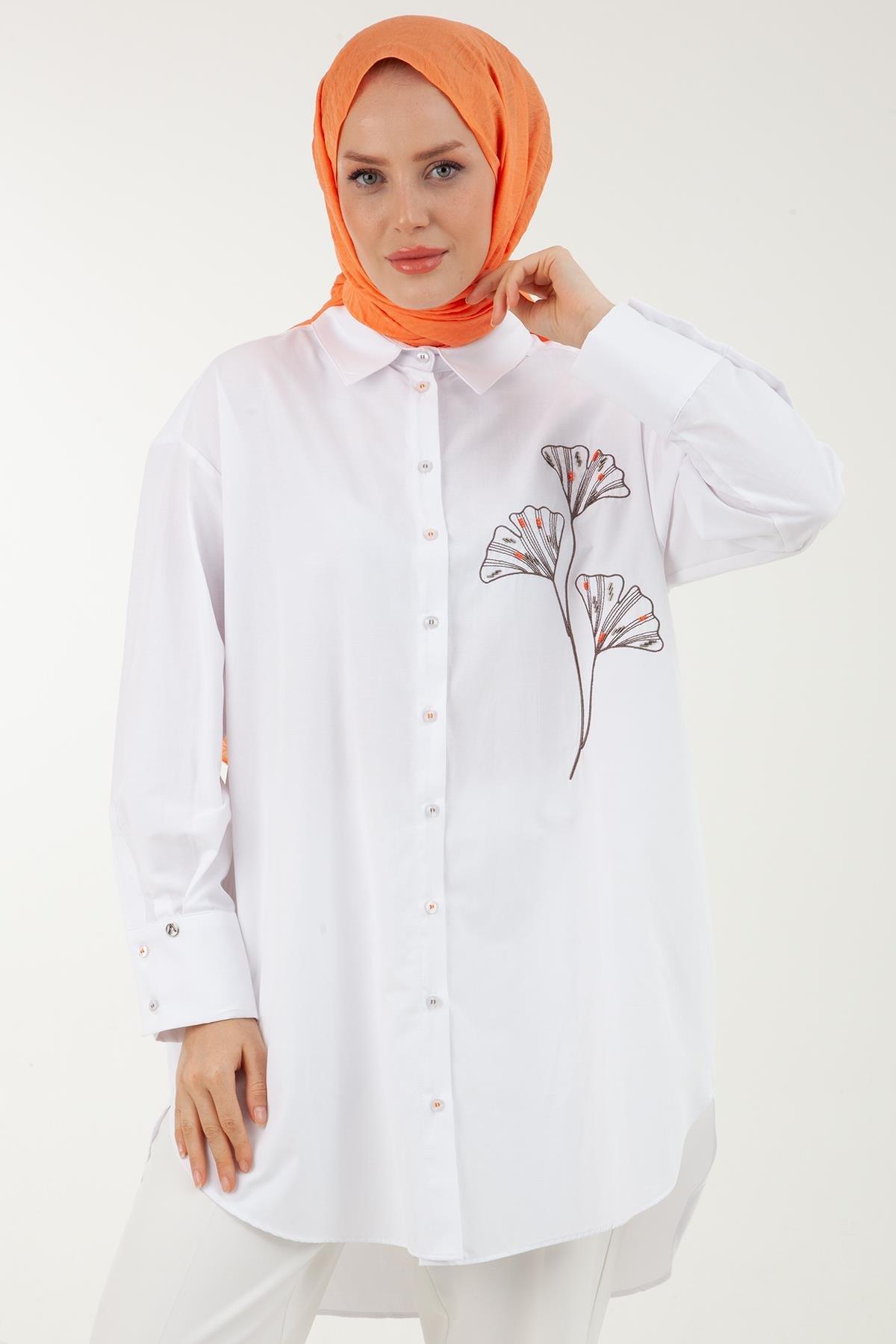 ARMİNE TREND Nakış Detaylı Kolları Pileli Salaş Tunik-Beyaz 23YT435