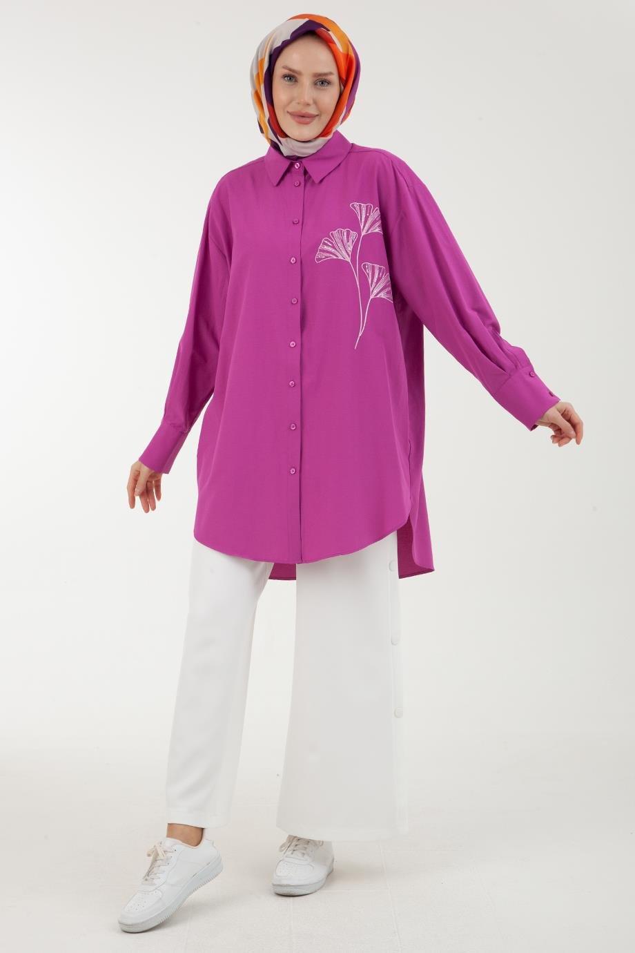 ARMİNE TREND Nakış Detaylı Kolları Pileli Salaş Tunik-Erguvan 23YT435