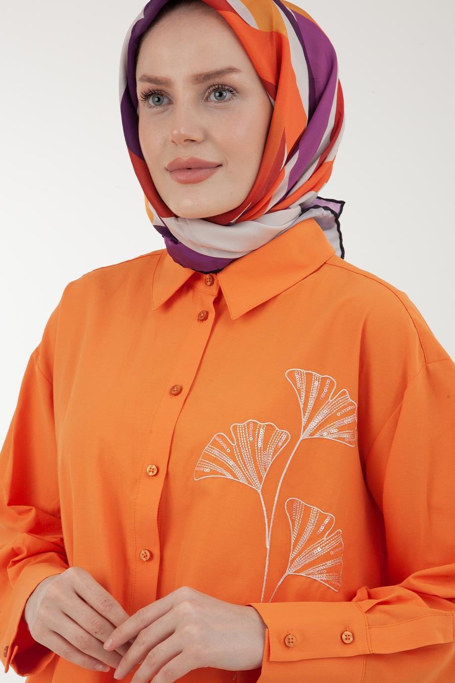 ARMİNE TREND Nakış Detaylı Kolları Pileli Salaş Tunik-Oranj 23YT435