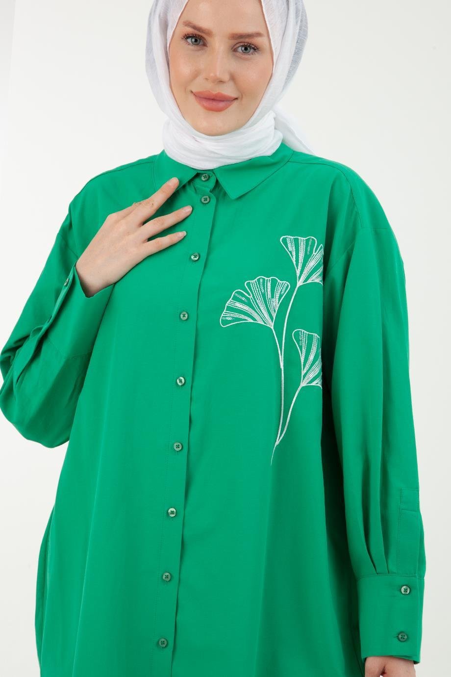 ARMİNE TREND Nakış Detaylı Kolları Pileli Salaş Tunik-Yeşil 23YT435