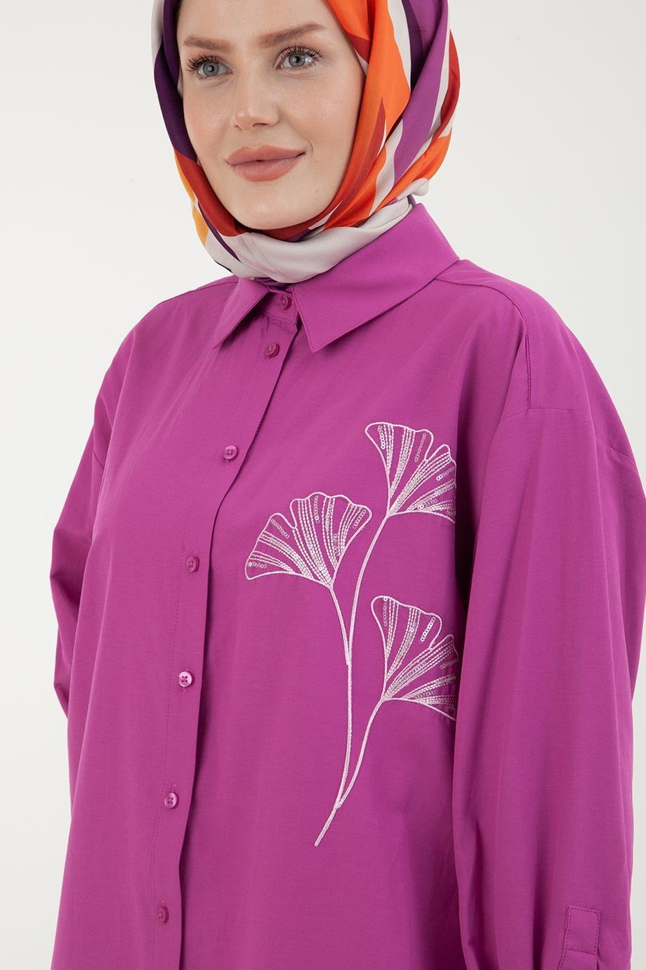 ARMİNE TREND Nakış Detaylı Kolları Pileli Salaş Tunik-Erguvan 23YT435
