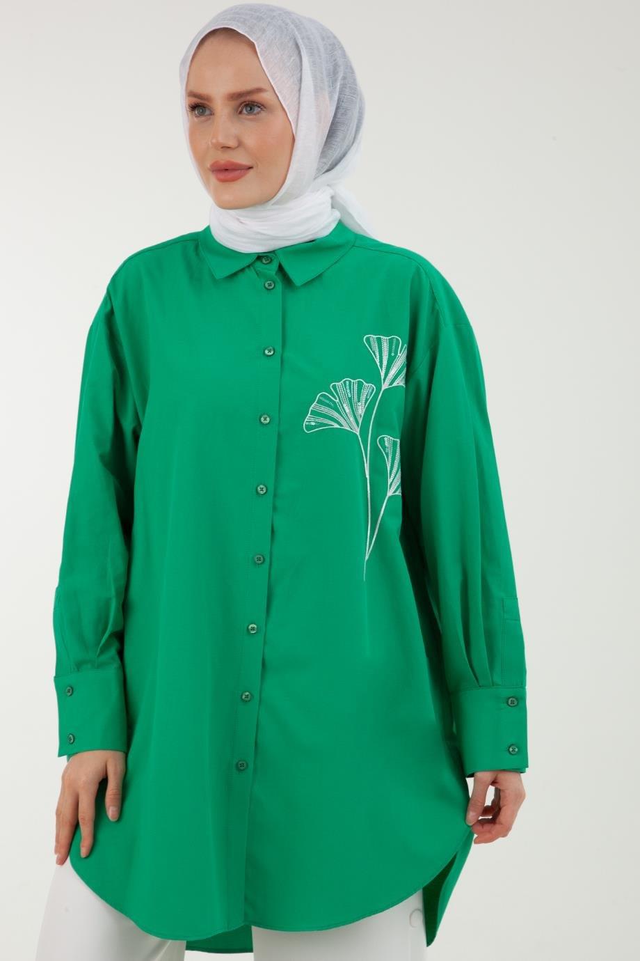 ARMİNE TREND Nakış Detaylı Kolları Pileli Salaş Tunik-Yeşil 23YT435