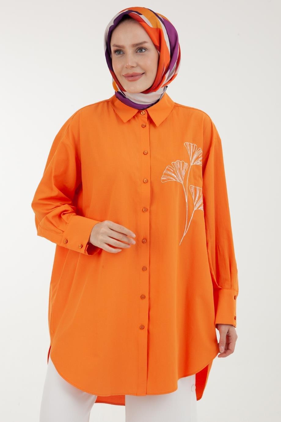 ARMİNE TREND Nakış Detaylı Kolları Pileli Salaş Tunik-Oranj 23YT435