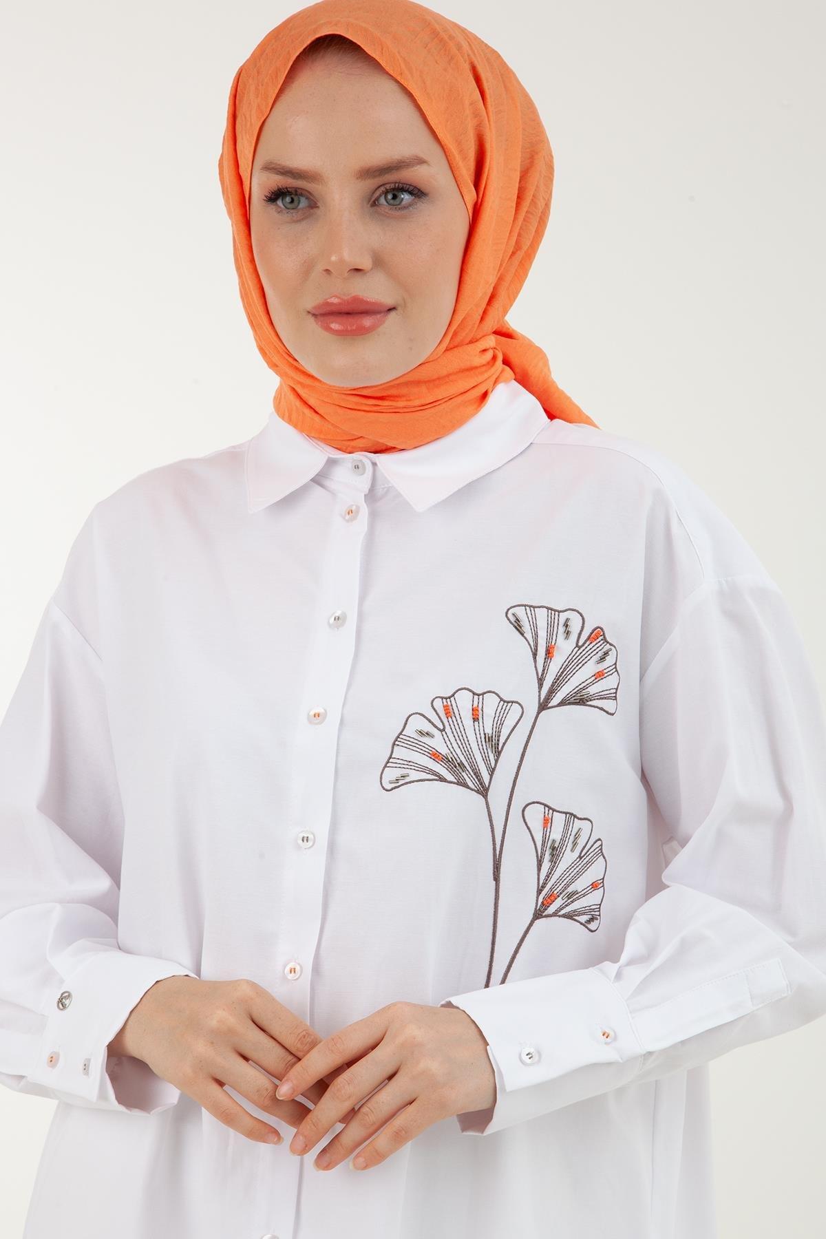 ARMİNE TREND Nakış Detaylı Kolları Pileli Salaş Tunik-Beyaz 23YT435