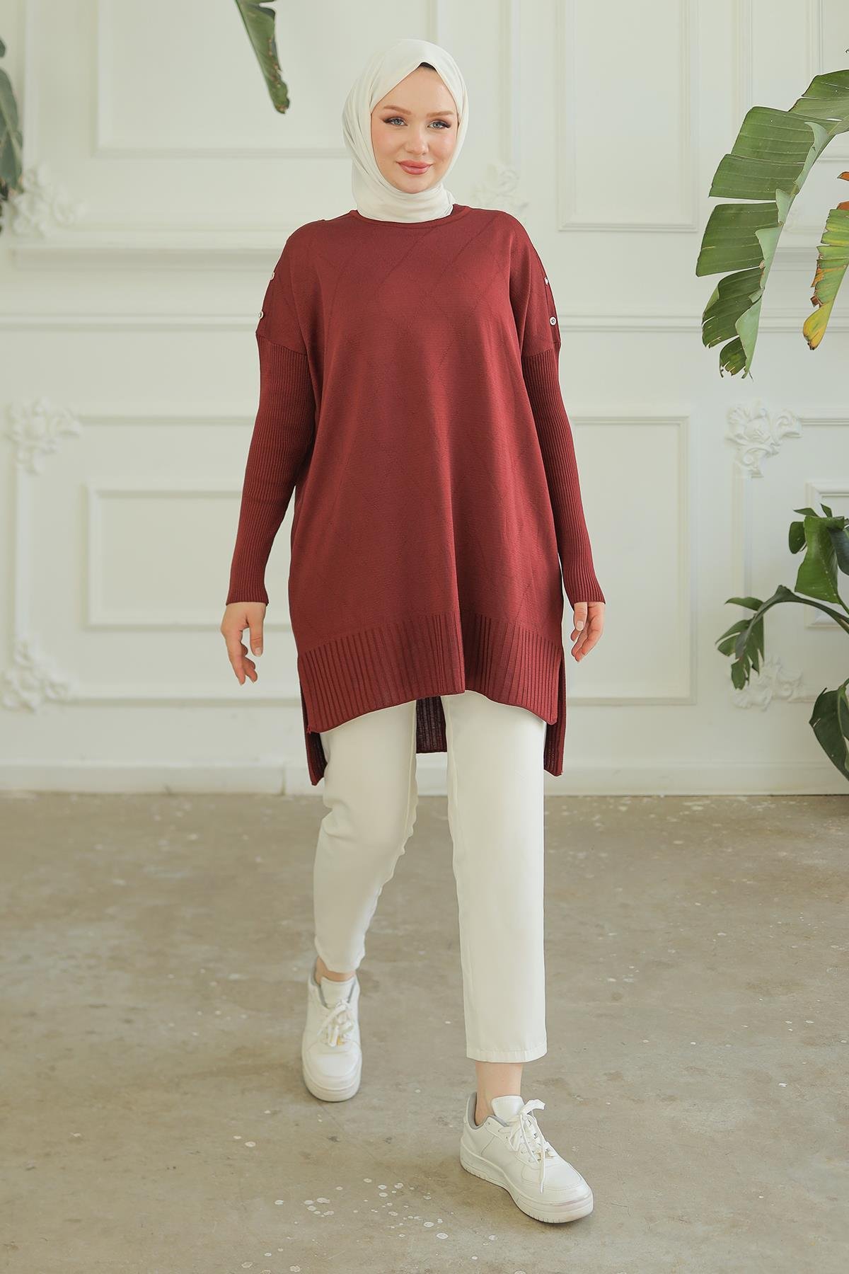 ARMİNE TREND Omuzları Düğme Detaylı Triko Tunik-Bordo 24KTD407