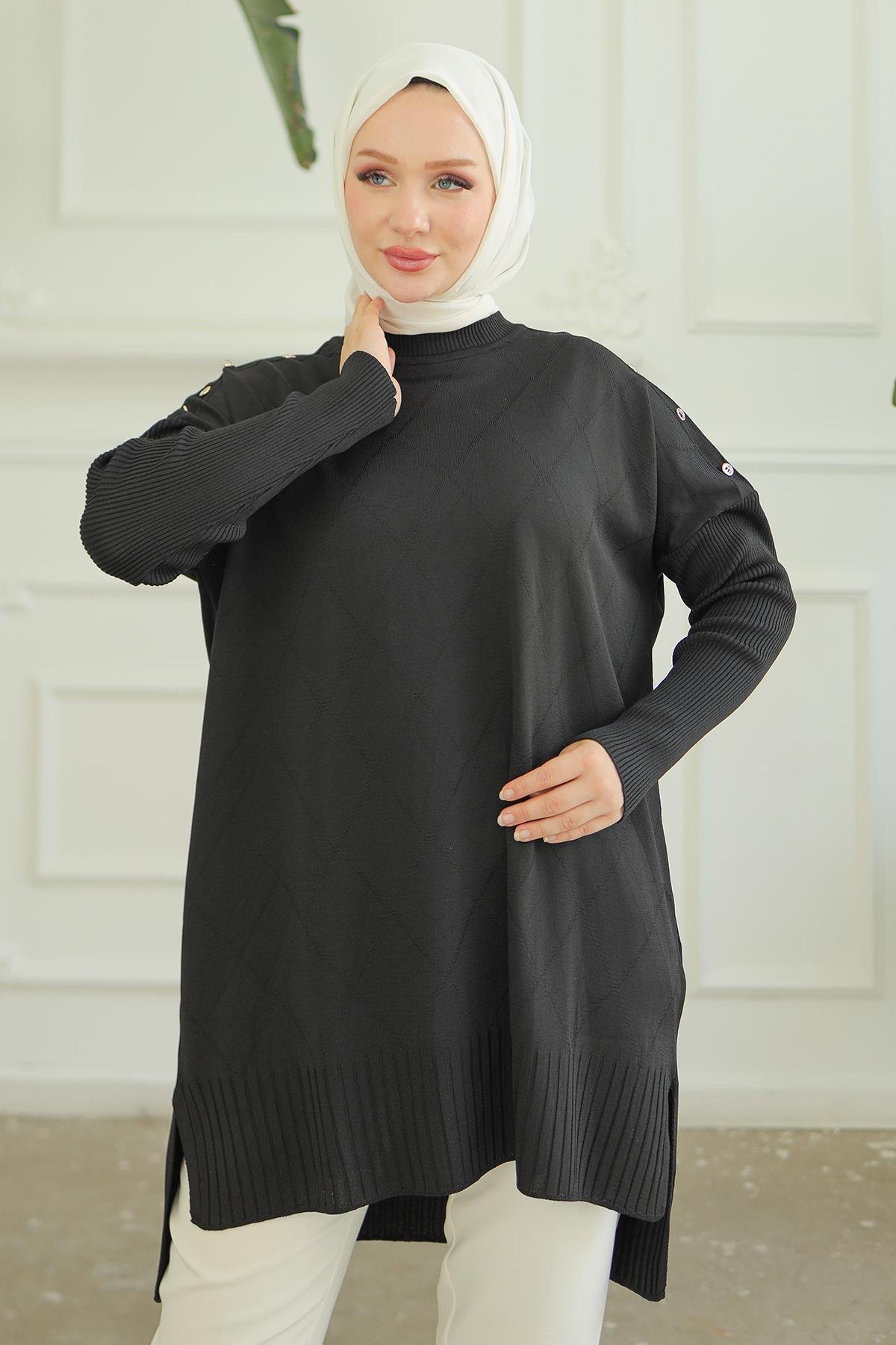 ARMİNE TREND Omuzları Düğme Detaylı Triko Tunik-Siyah 24KTD407