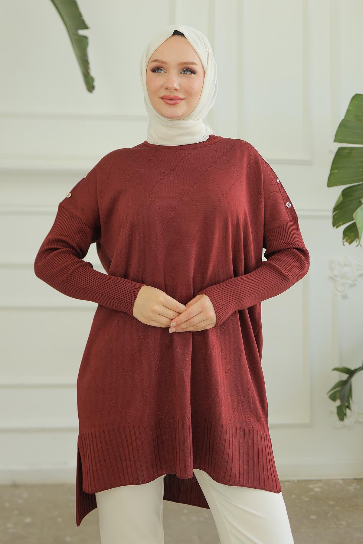 ARMİNE TREND Omuzları Düğme Detaylı Triko Tunik-Bordo 24KTD407