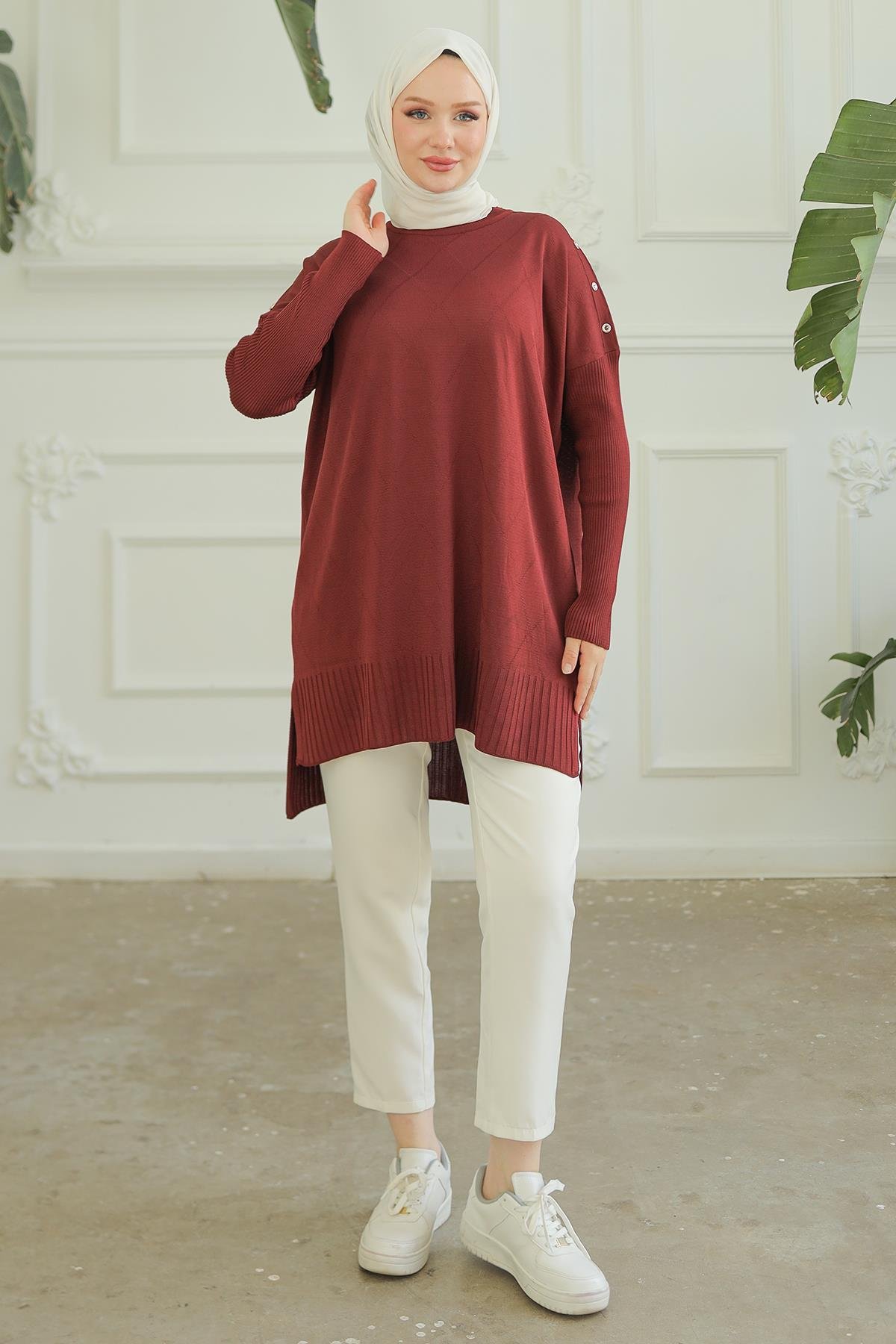 ARMİNE TREND Omuzları Düğme Detaylı Triko Tunik-Bordo 24KTD407