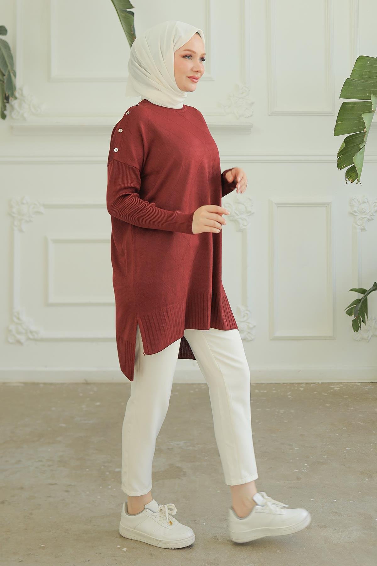 ARMİNE TREND Omuzları Düğme Detaylı Triko Tunik-Bordo 24KTD407
