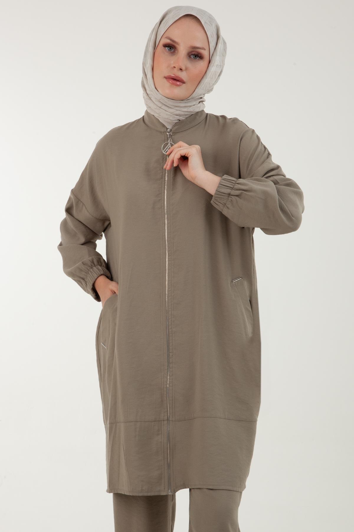 ARMİNE TREND Önden Fermuarlı Beli Lastik Pantolonlu İkili Takım-Haki 23YT655