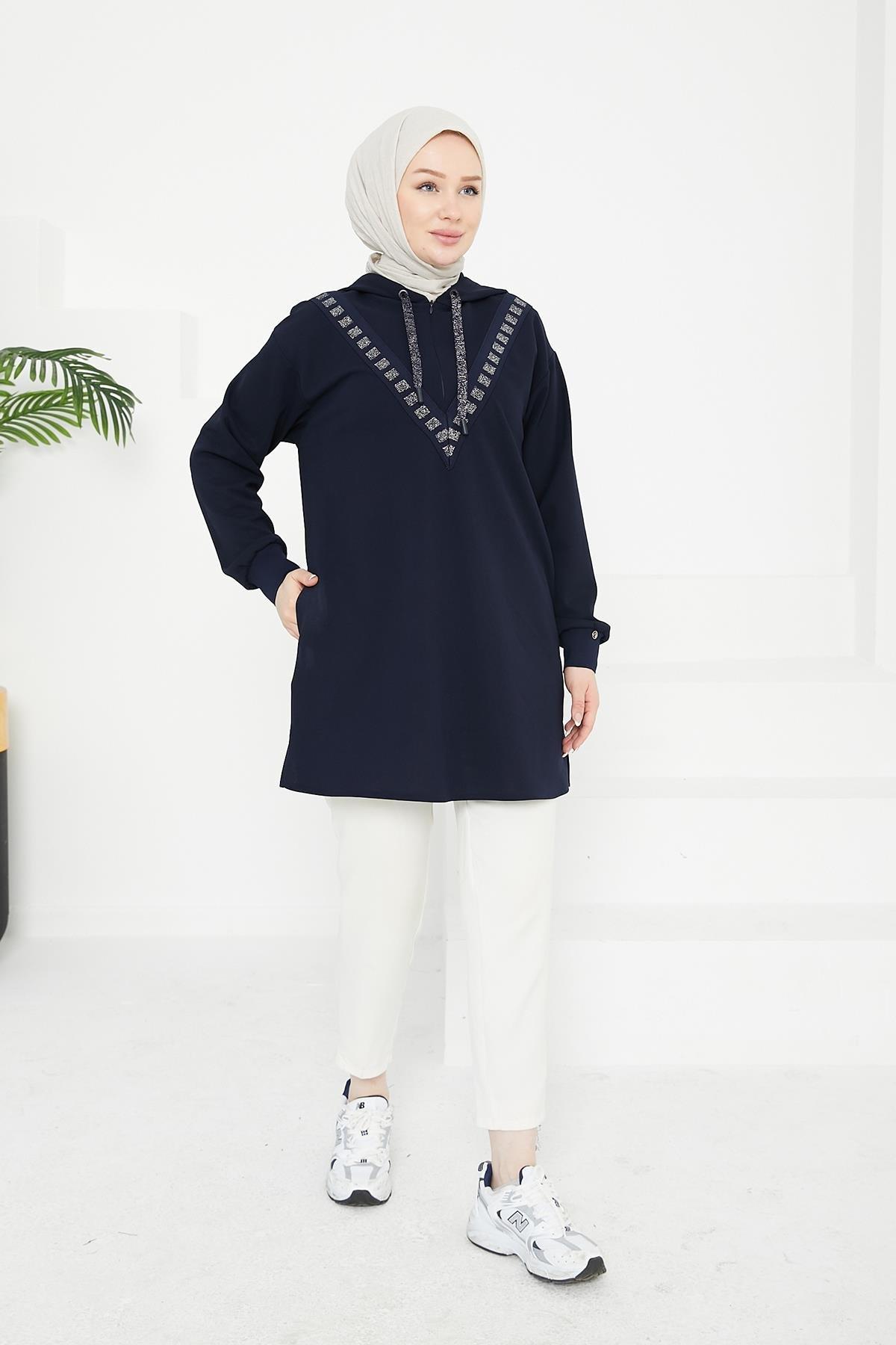 ARMİNE TREND Önden İşleme Detaylı Kapüşonlu Tunik-Lacivert 24KT433