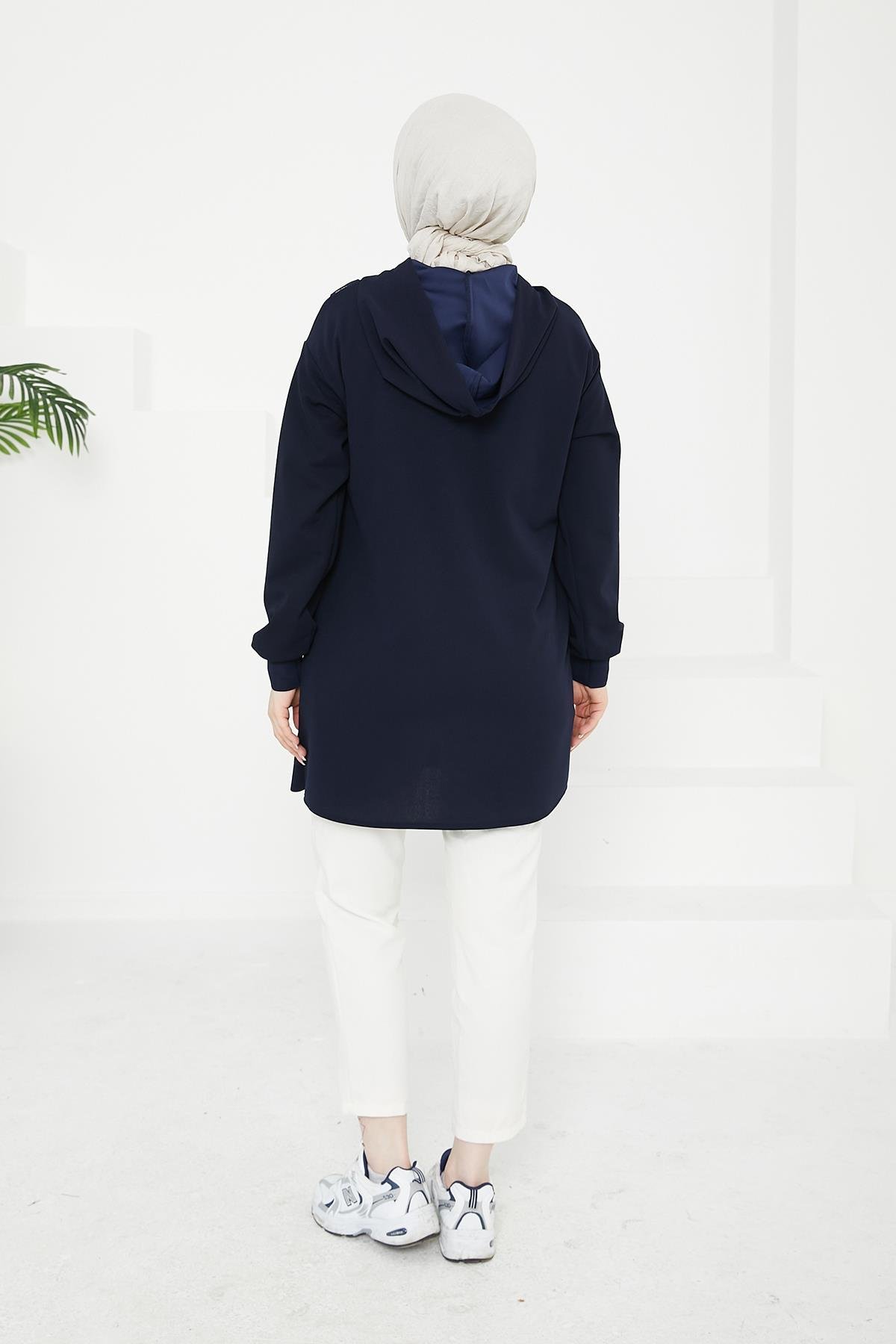 ARMİNE TREND Önden İşleme Detaylı Kapüşonlu Tunik-Lacivert 24KT433