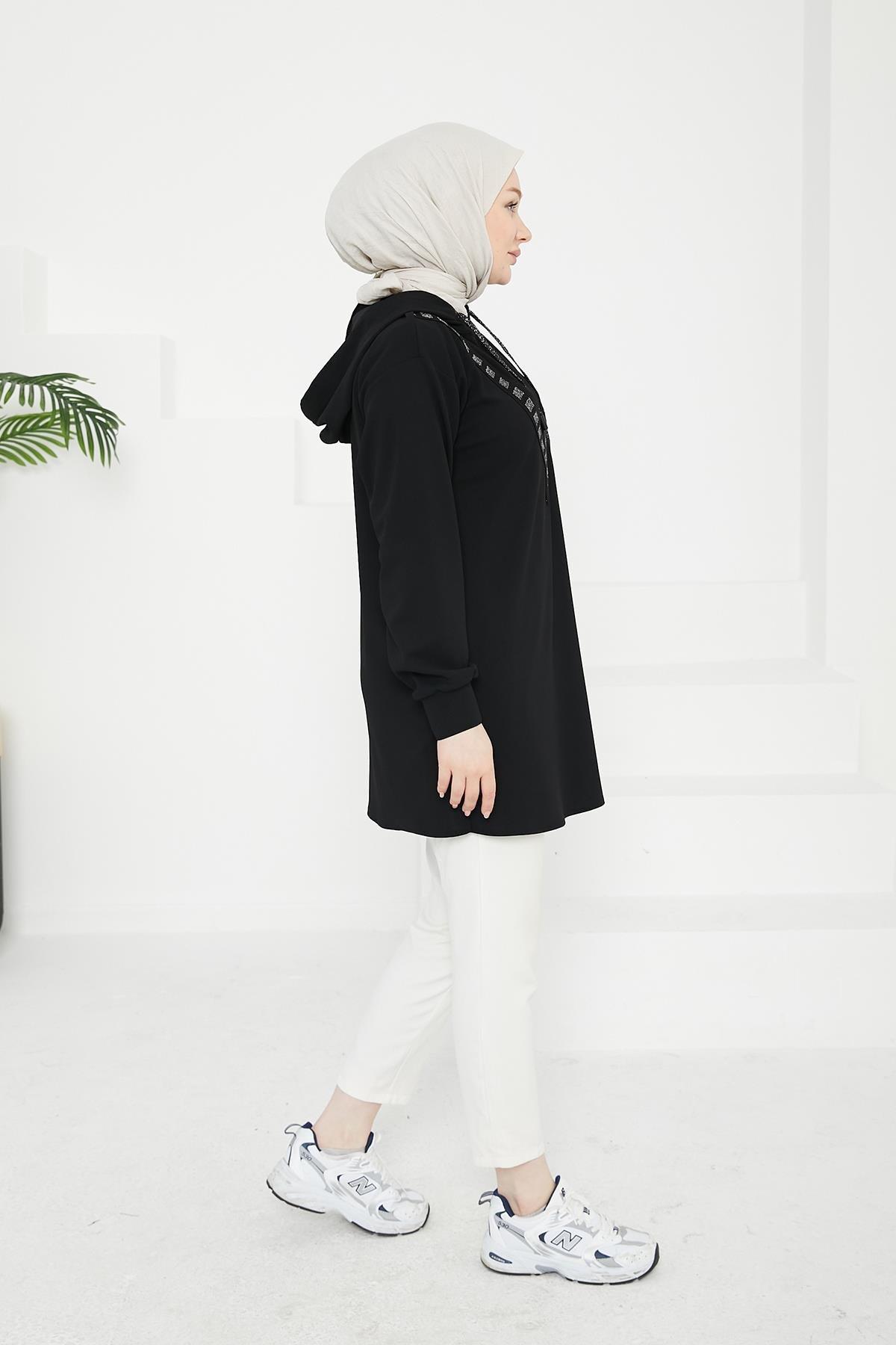 ARMİNE TREND Önden İşleme Detaylı Kapüşonlu Tunik-Siyah 24KT433