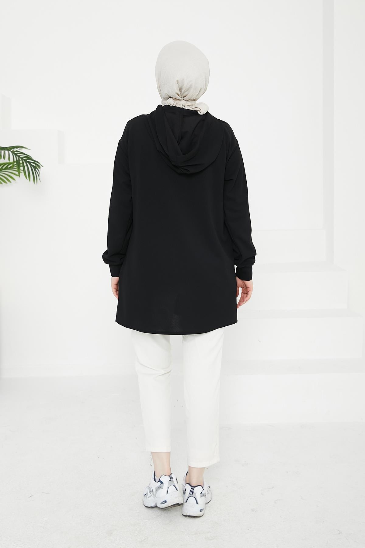 ARMİNE TREND Önden İşleme Detaylı Kapüşonlu Tunik-Siyah 24KT433