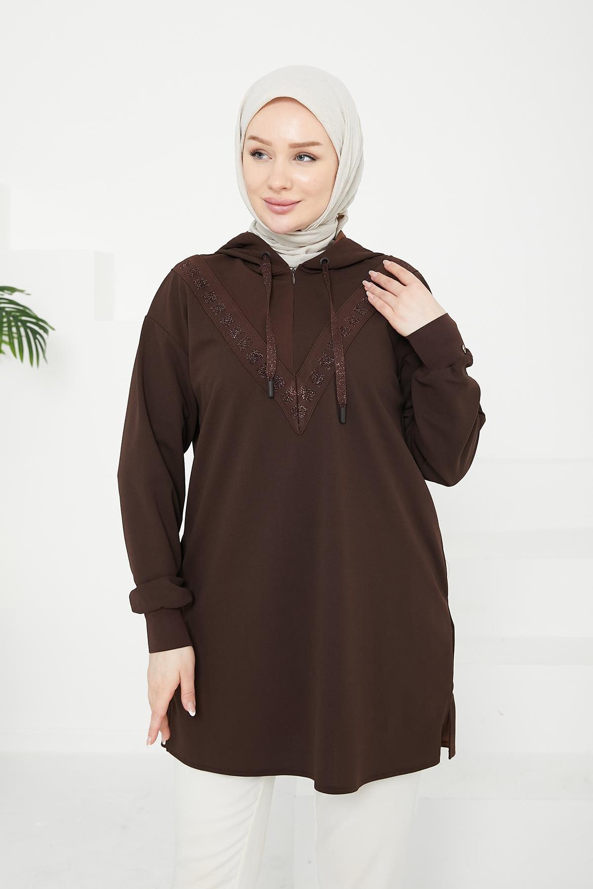 ARMİNE TREND Önden İşleme Detaylı Kapüşonlu Tunik-Kahverengi 24KT433