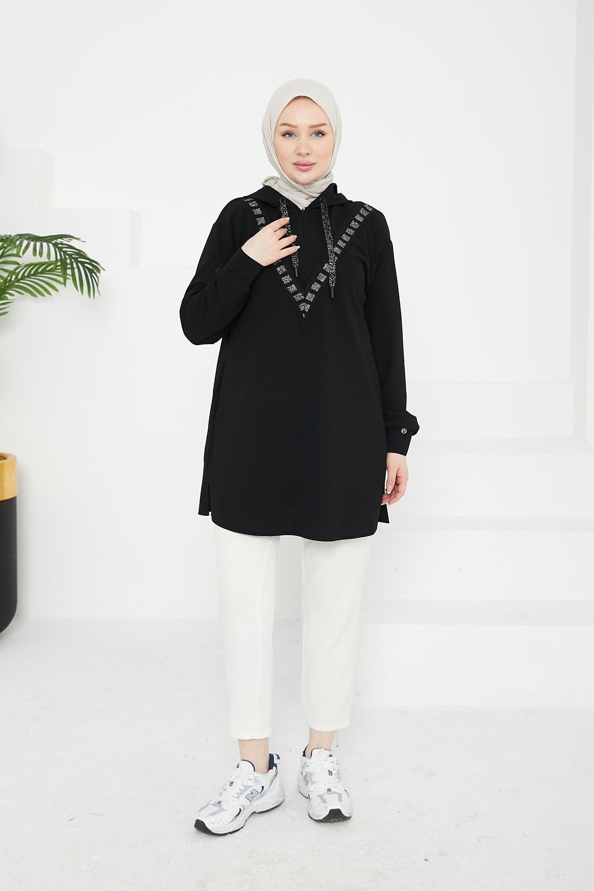 ARMİNE TREND Önden İşleme Detaylı Kapüşonlu Tunik-Siyah 24KT433