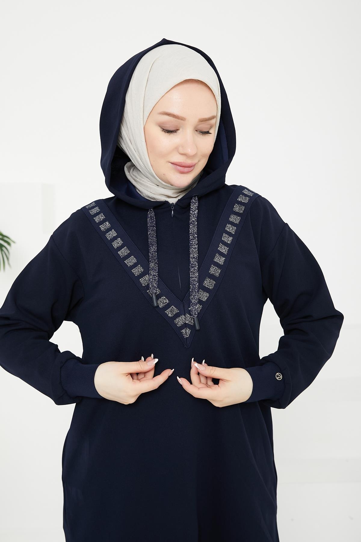 ARMİNE TREND Önden İşleme Detaylı Kapüşonlu Tunik-Lacivert 24KT433