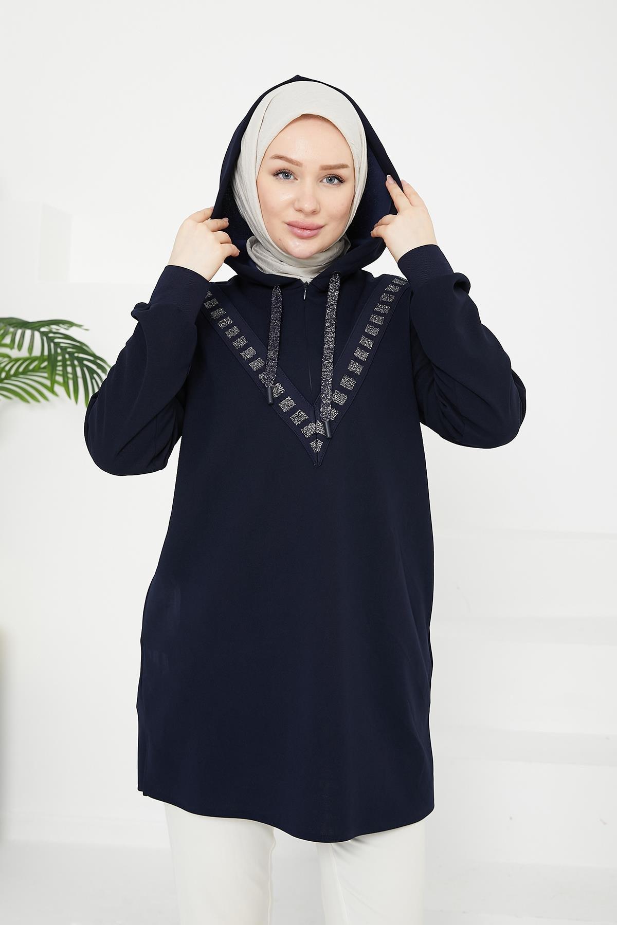ARMİNE TREND Önden İşleme Detaylı Kapüşonlu Tunik-Lacivert 24KT433