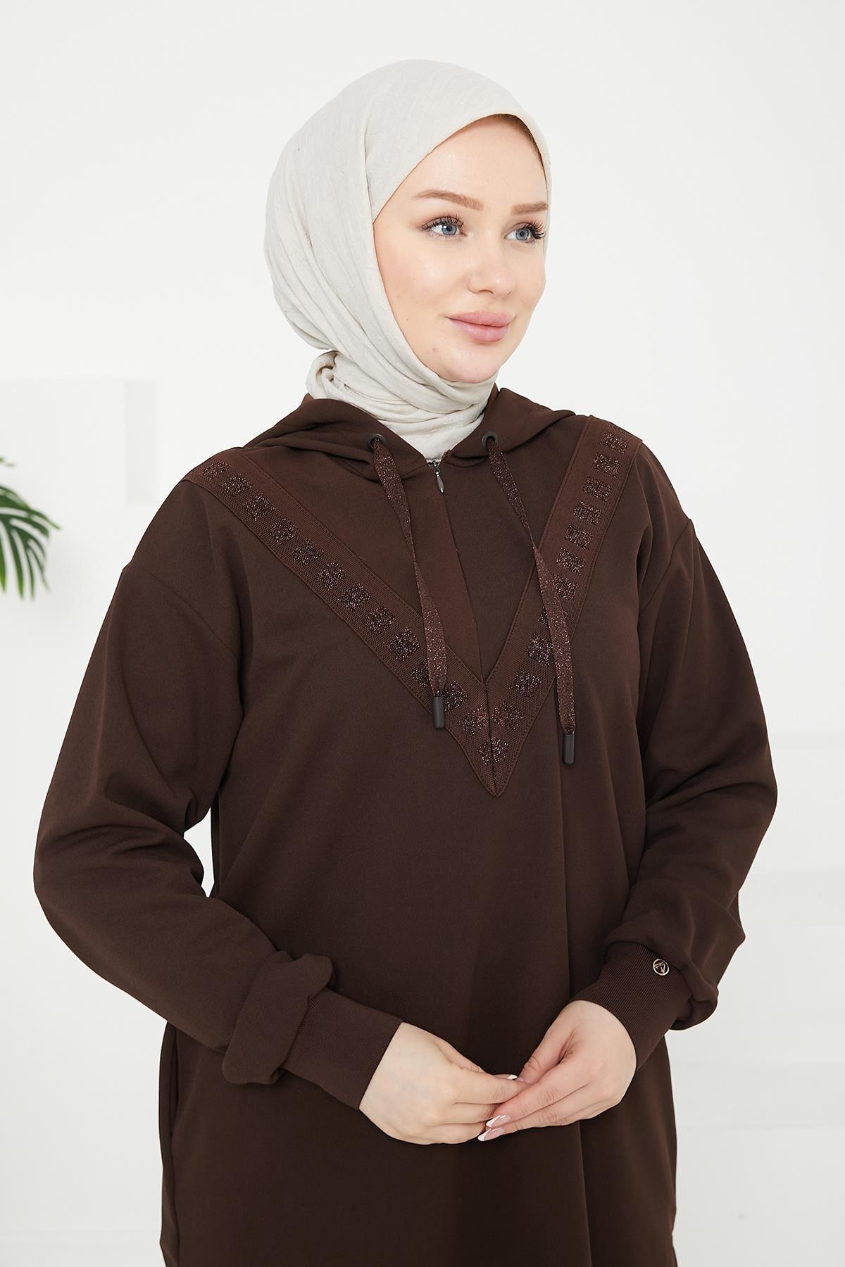 ARMİNE TREND Önden İşleme Detaylı Kapüşonlu Tunik-Kahverengi 24KT433