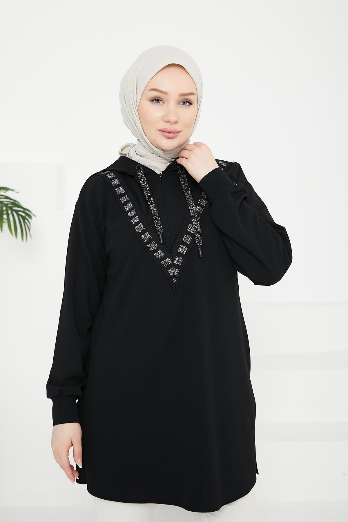 ARMİNE TREND Önden İşleme Detaylı Kapüşonlu Tunik-Siyah 24KT433