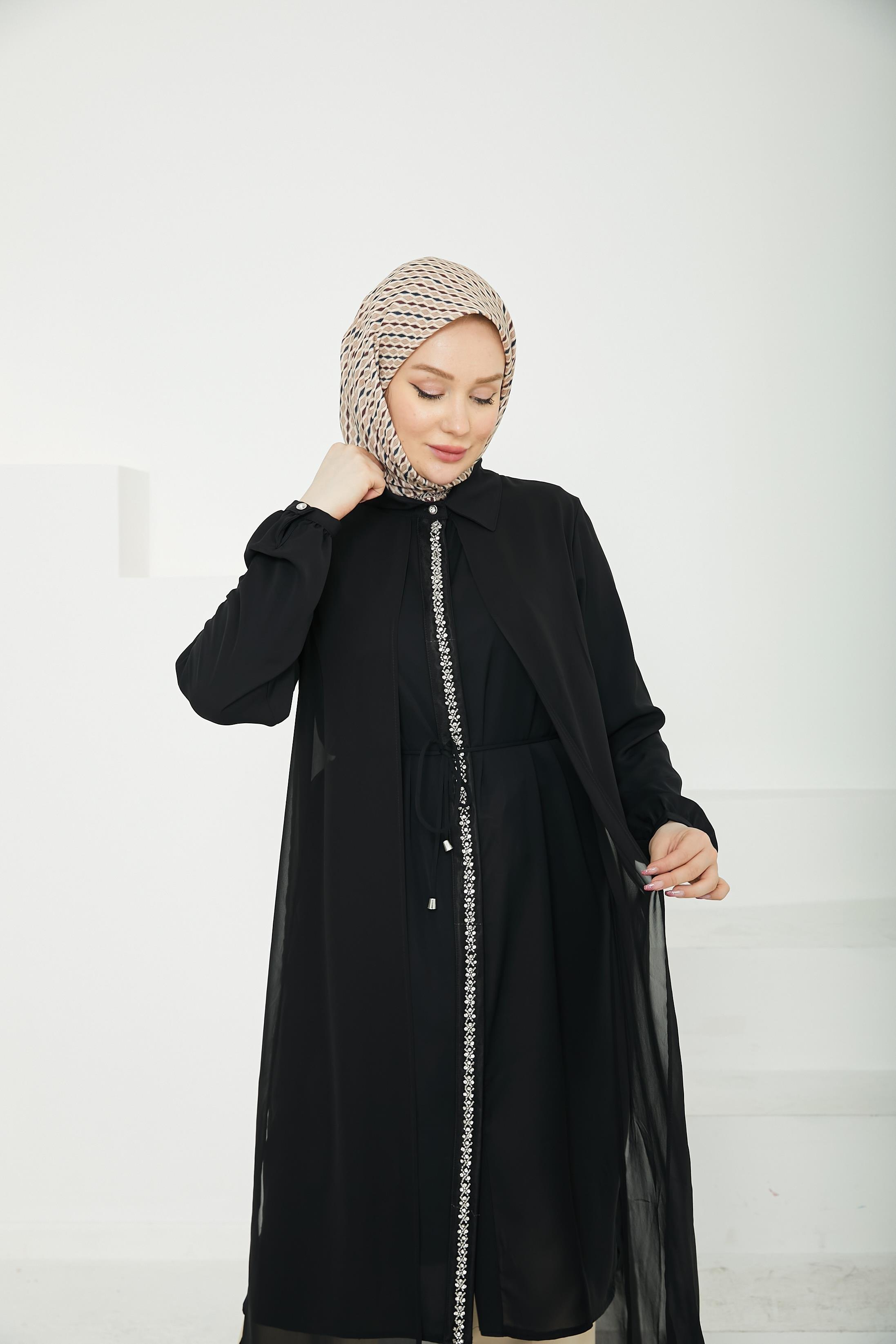 ARMİNE TREND Önden Taş Desenli Yakalı Tüllü Tunik-Siyah-25YT417