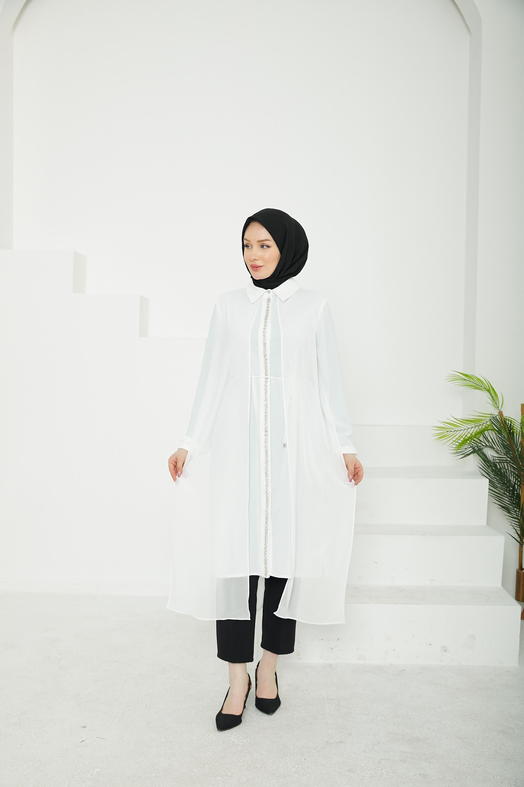 ARMİNE TREND Önden Taş Desenli Yakalı Tüllü Tunik-Ekru-25YT417