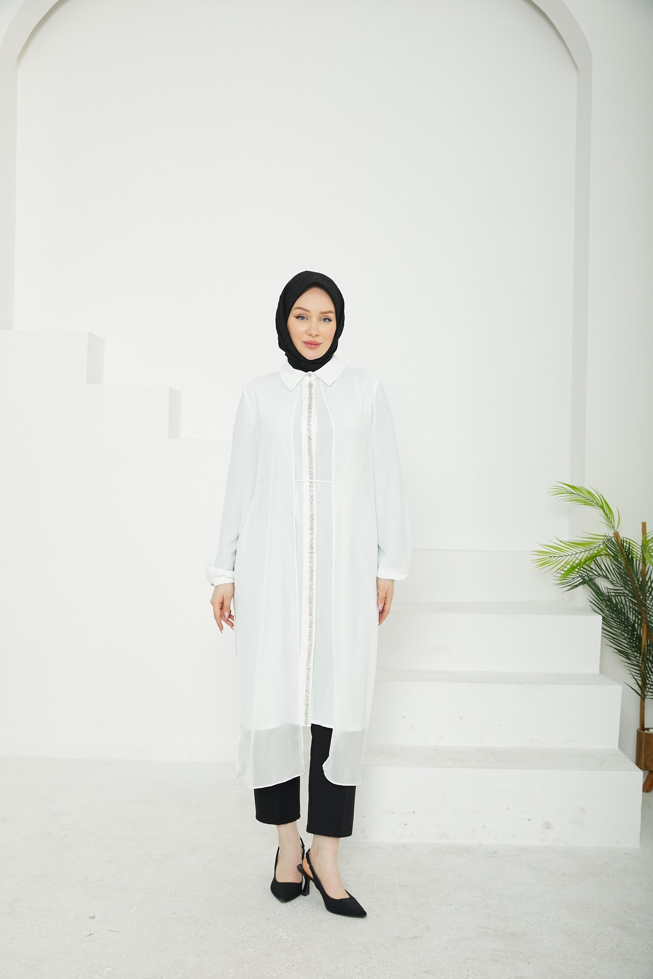 ARMİNE TREND Önden Taş Desenli Yakalı Tüllü Tunik-Ekru-25YT417