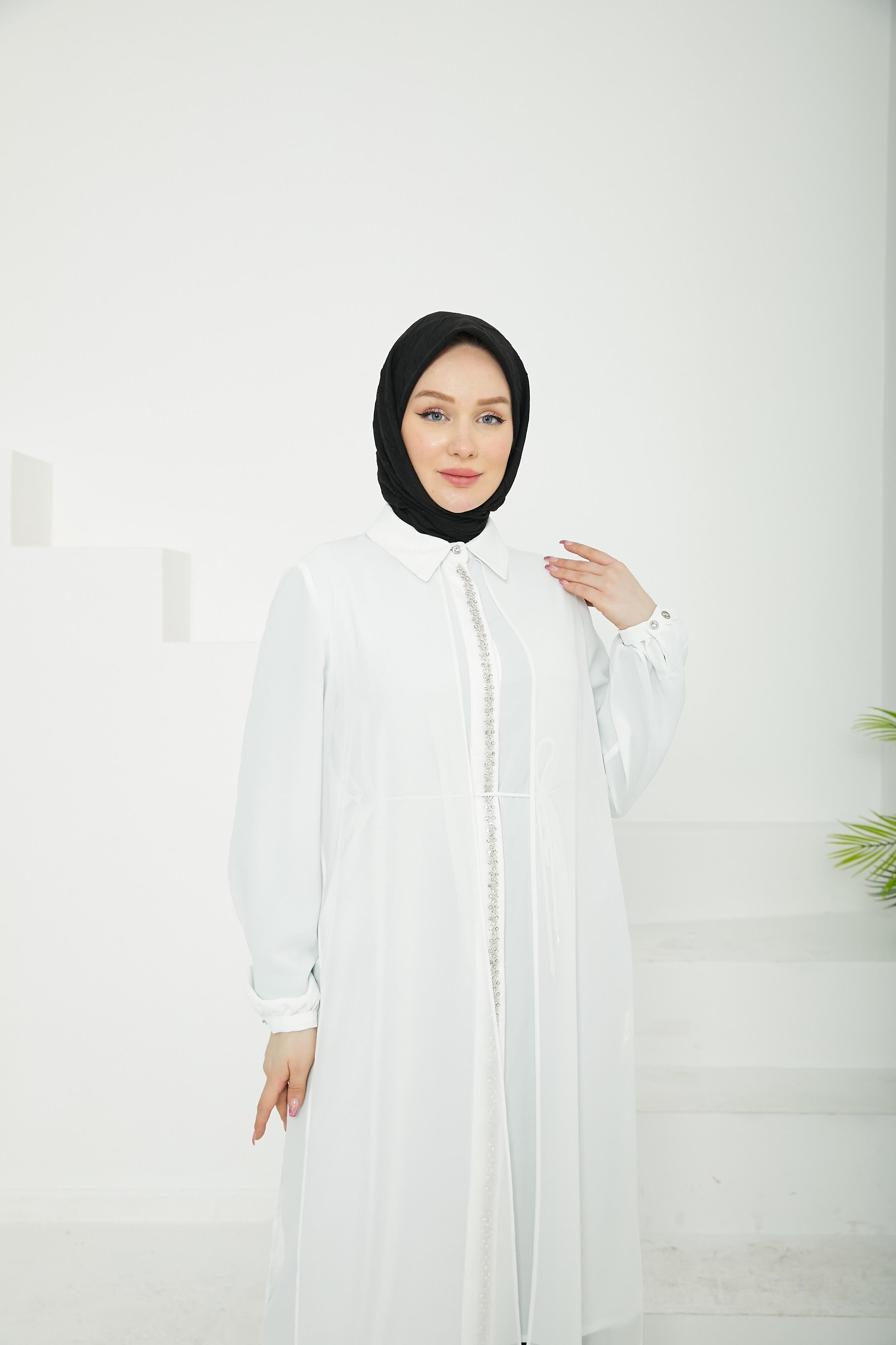 ARMİNE TREND Önden Taş Desenli Yakalı Tüllü Tunik-Ekru-25YT417