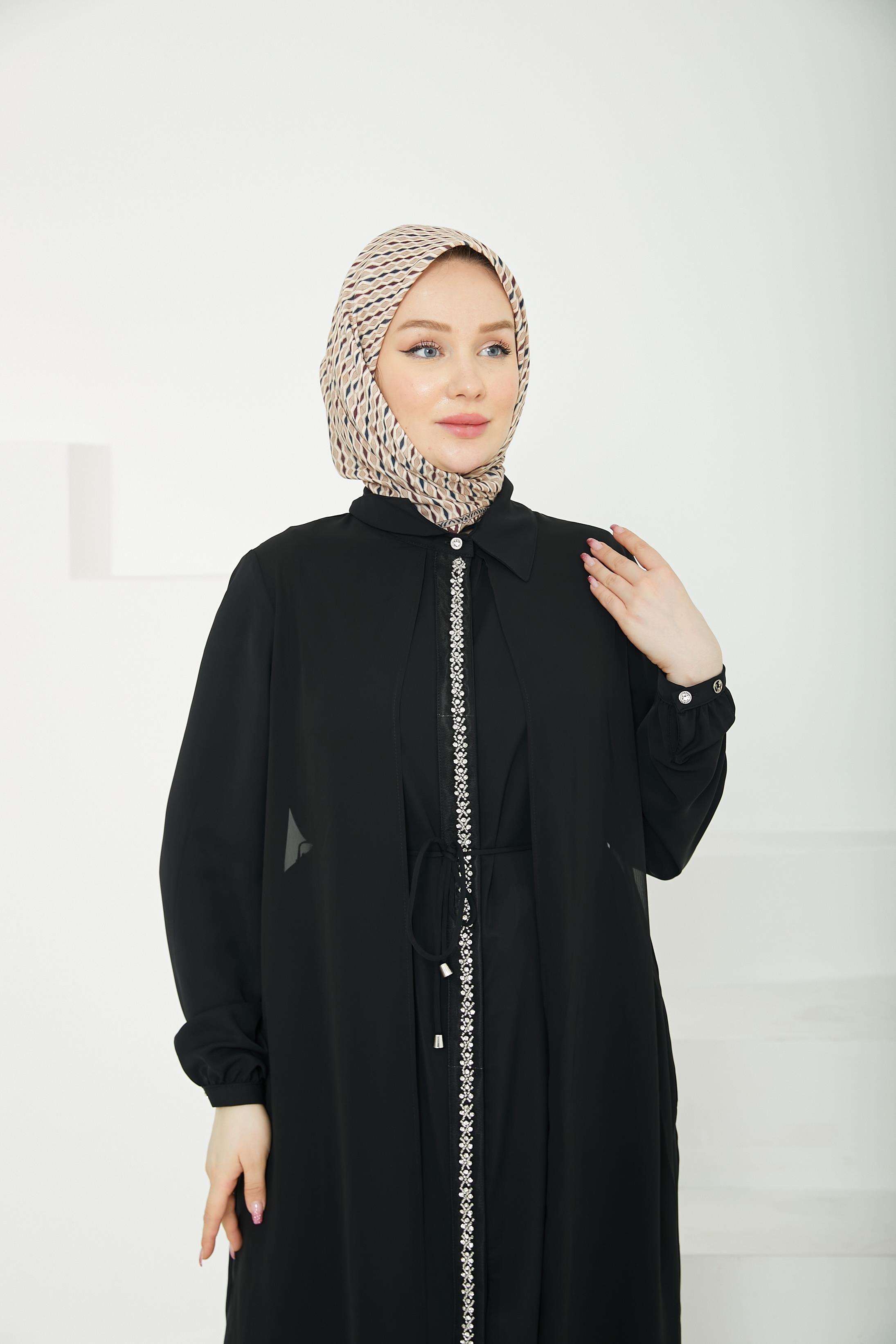 ARMİNE TREND Önden Taş Desenli Yakalı Tüllü Tunik-Siyah-25YT417