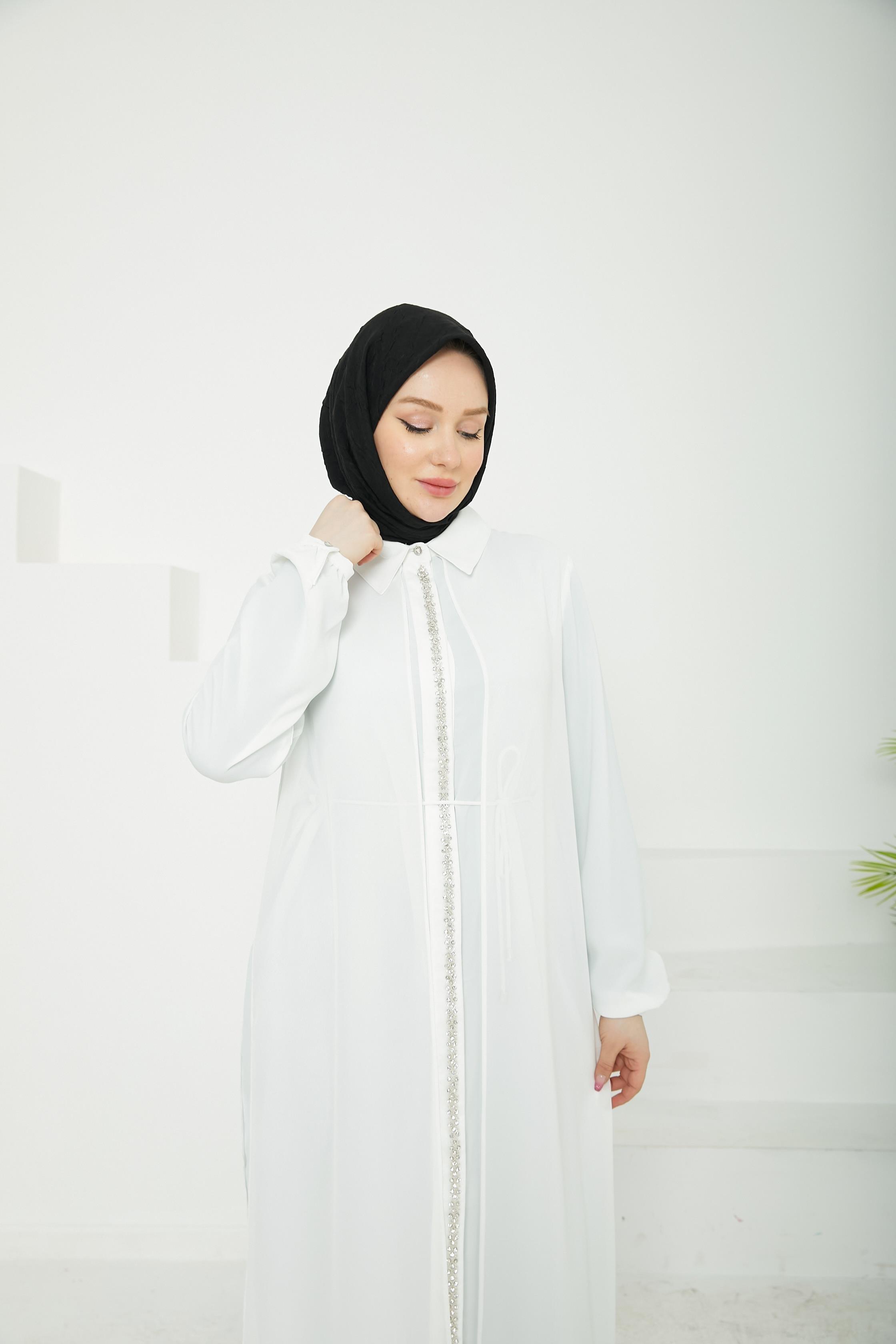 ARMİNE TREND Önden Taş Desenli Yakalı Tüllü Tunik-Ekru-25YT417