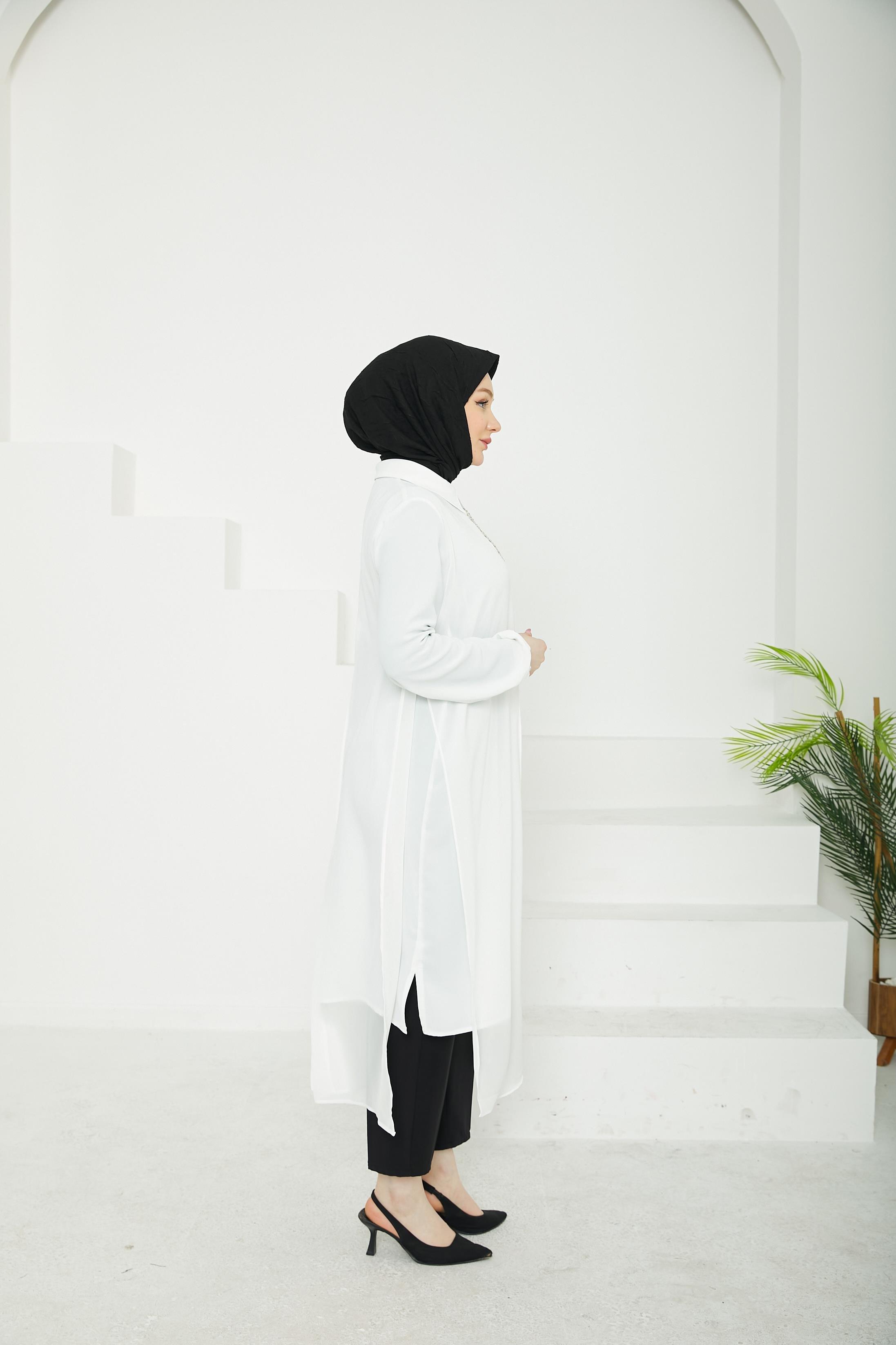 ARMİNE TREND Önden Taş Desenli Yakalı Tüllü Tunik-Ekru-25YT417
