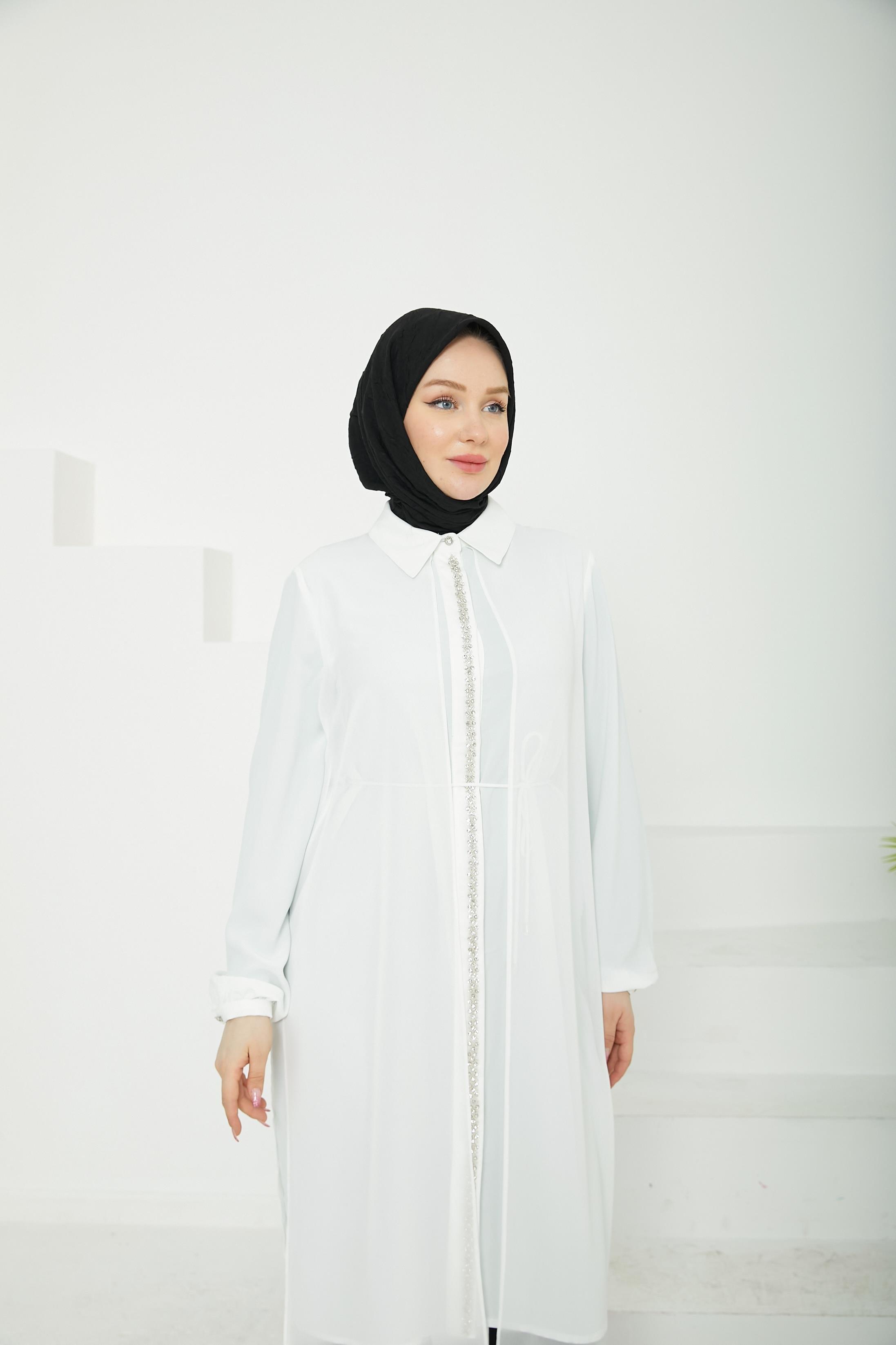 ARMİNE TREND Önden Taş Desenli Yakalı Tüllü Tunik-Ekru-25YT417
