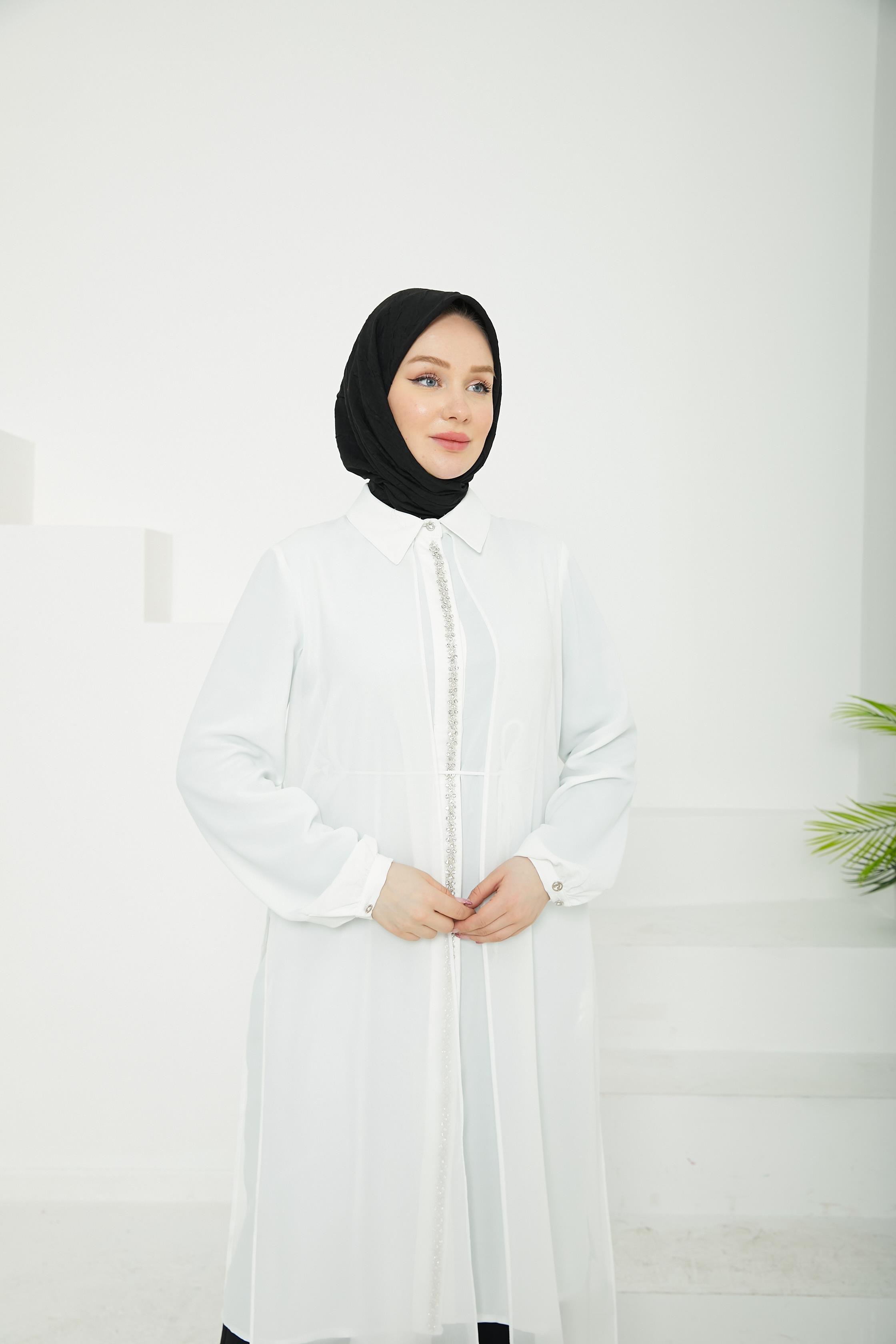ARMİNE TREND Önden Taş Desenli Yakalı Tüllü Tunik-Ekru-25YT417