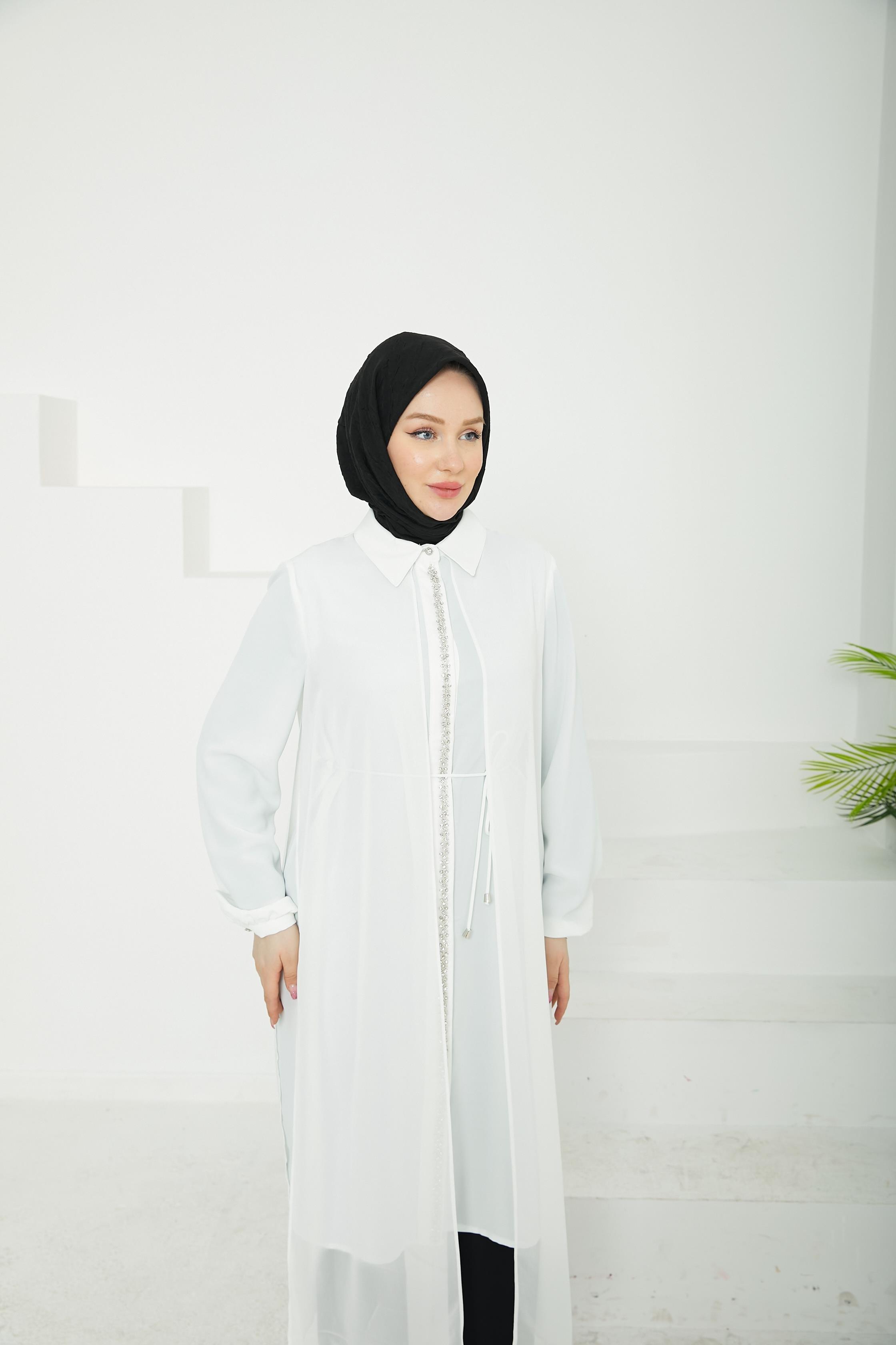 ARMİNE TREND Önden Taş Desenli Yakalı Tüllü Tunik-Ekru-25YT417