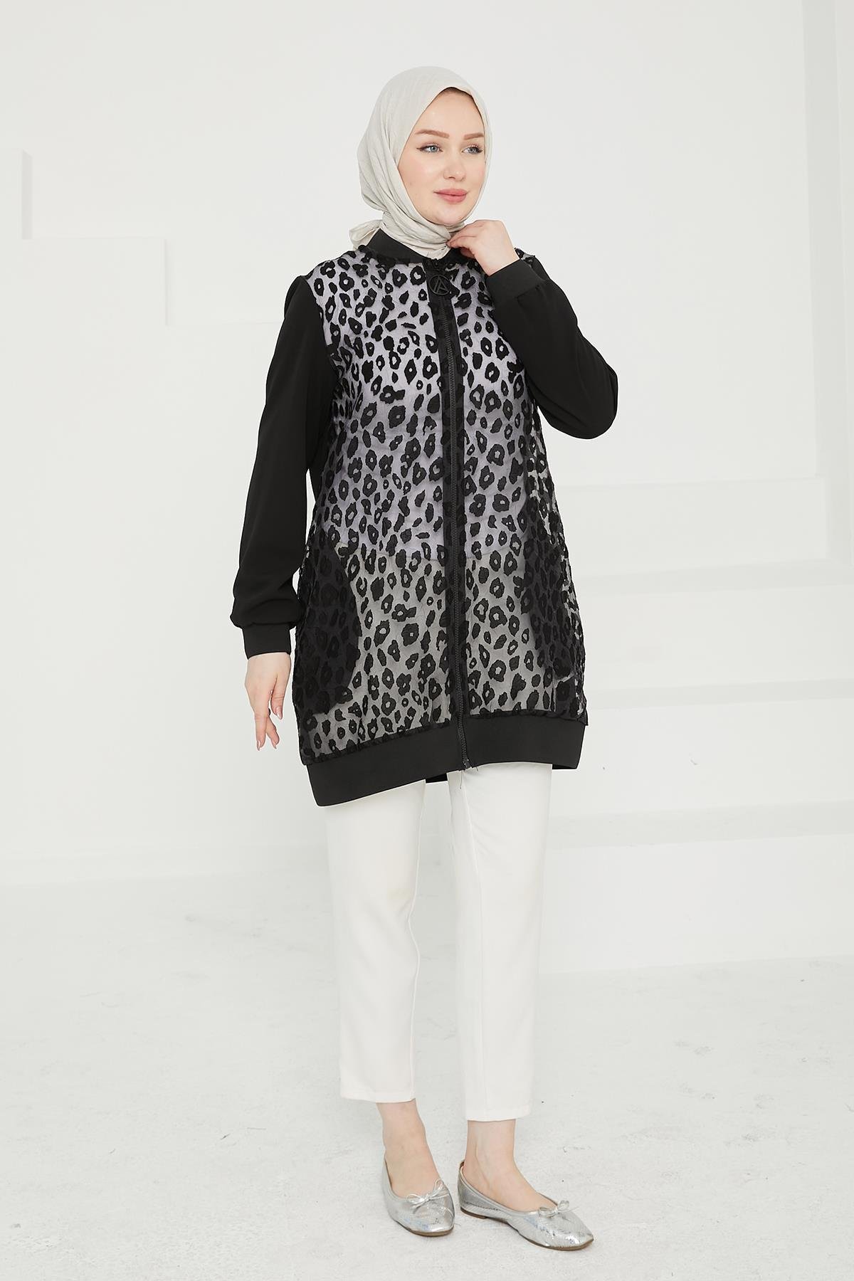 ARMİNE TREND Önü Desenli Organze Kumaş Astarsız Tunik-Siyah 24KT431