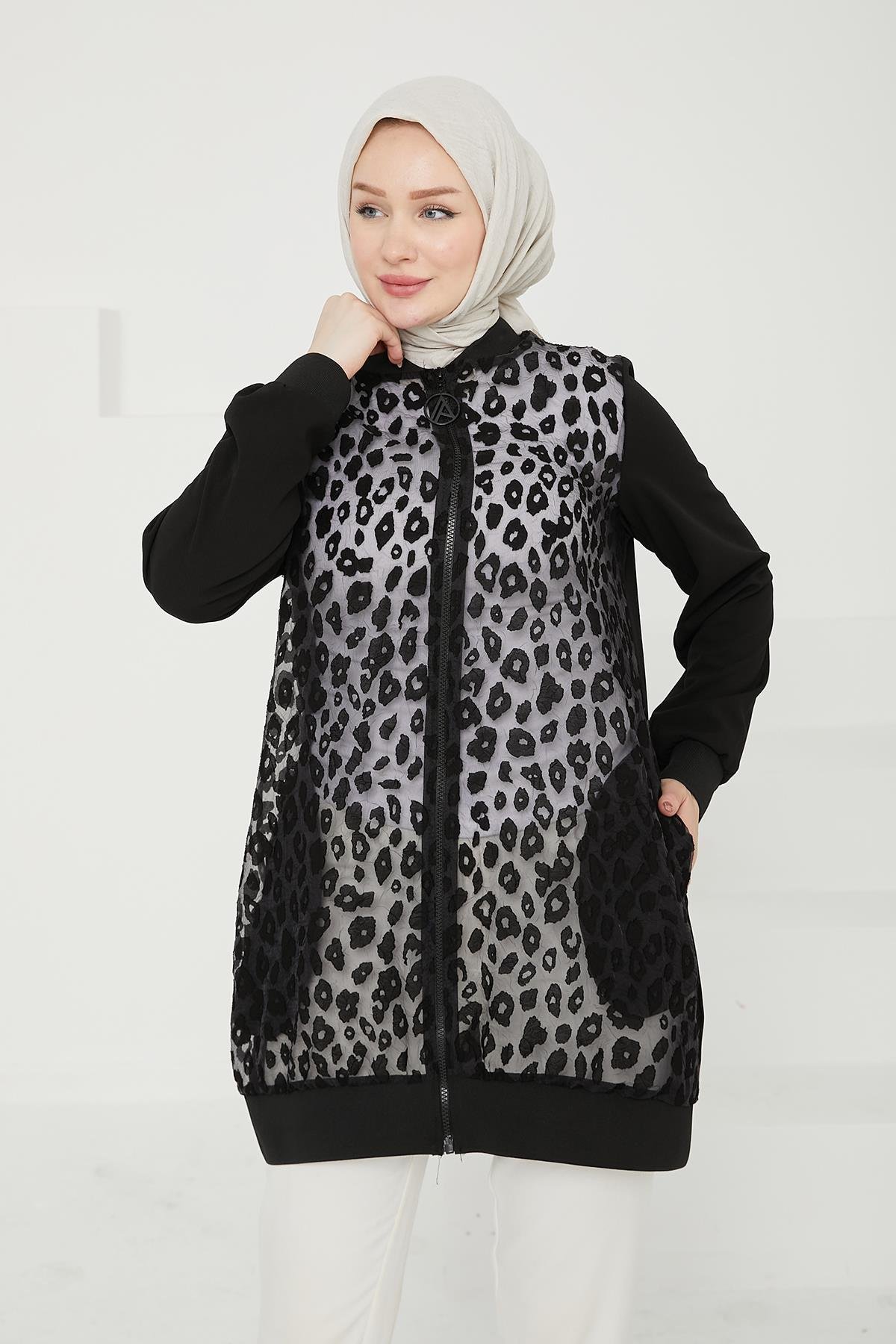 ARMİNE TREND Önü Desenli Organze Kumaş Astarsız Tunik-Siyah 24KT431