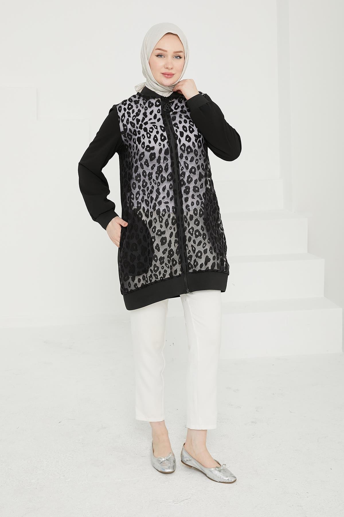 ARMİNE TREND Önü Desenli Organze Kumaş Astarsız Tunik-Siyah 24KT431