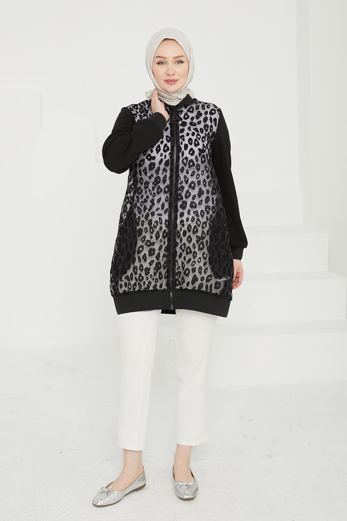 ARMİNE TREND Önü Desenli Organze Kumaş Astarsız Tunik-Siyah 24KT431