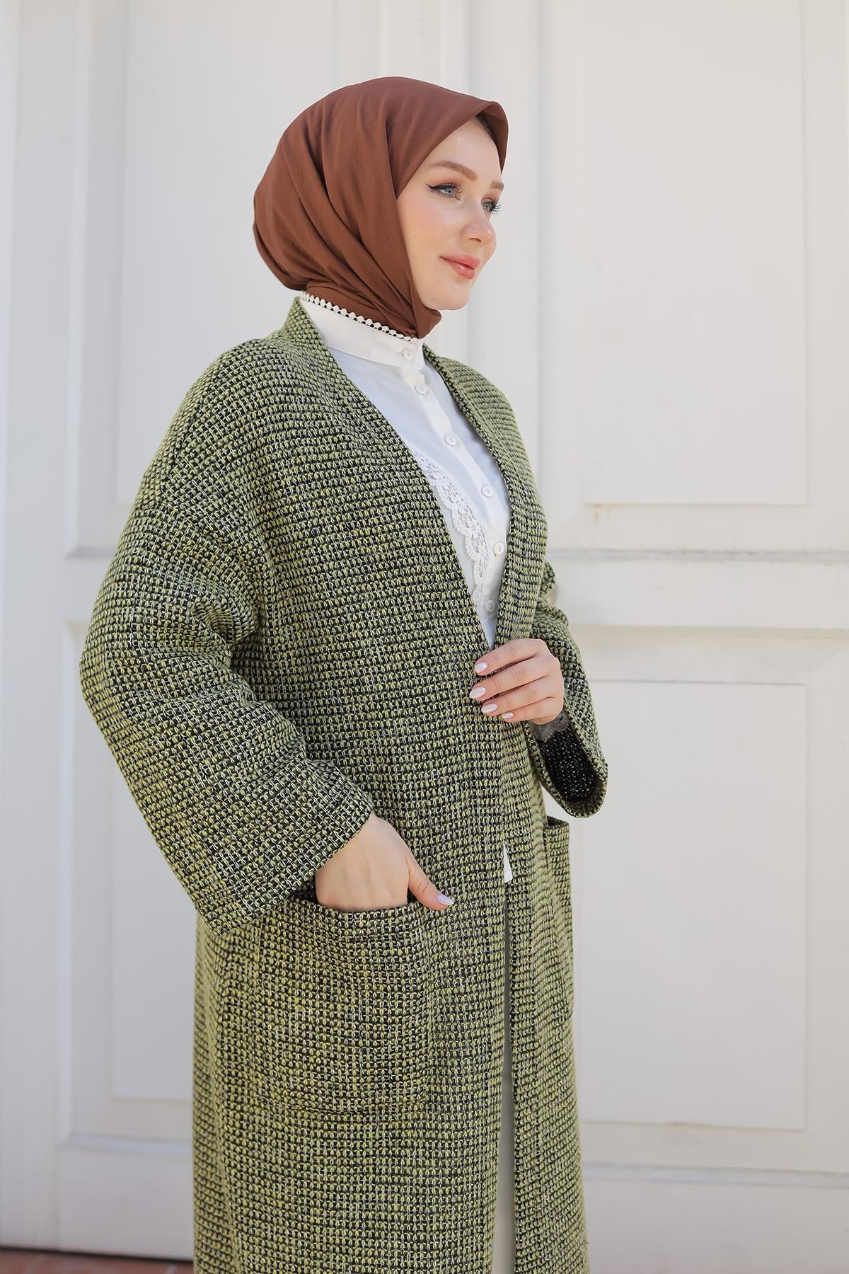 ARMİNE TREND Örgü Desenli Cepli Hırka-Yeşil 24KT507
