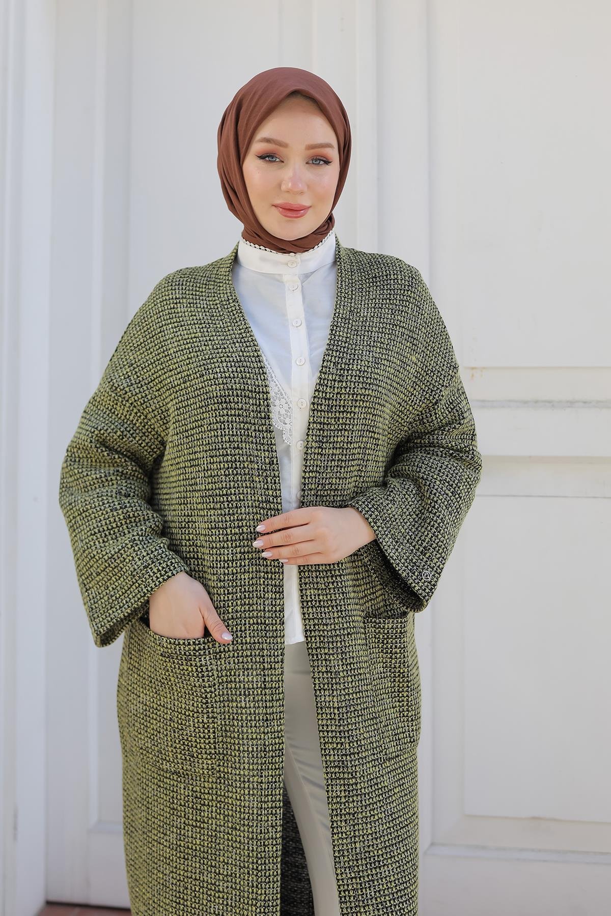 ARMİNE TREND Örgü Desenli Cepli Hırka-Yeşil 24KT507