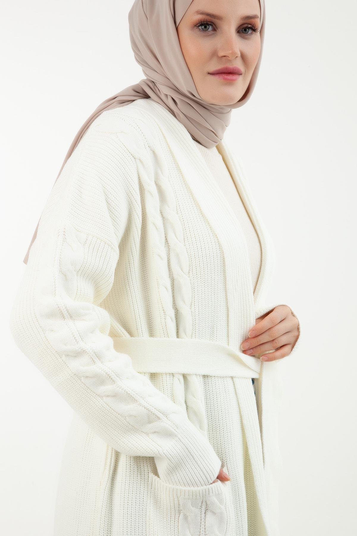 ARMİNE TREND Örme Desenli Yanları Cepli Belden Bağlamalı Uzun Hırka-Ekru 21KD2035