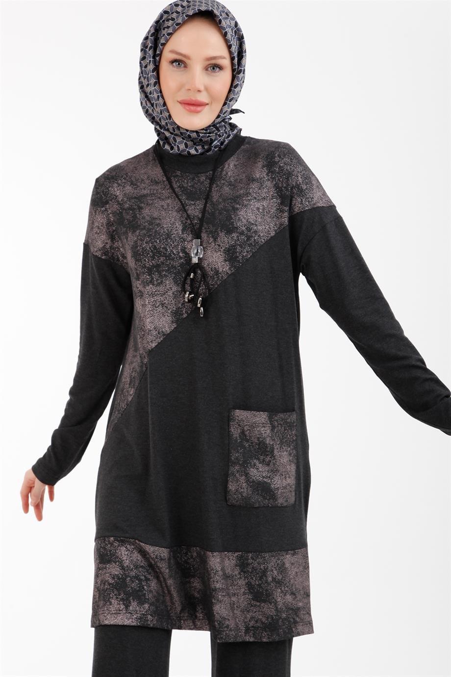 ARMİNE TREND Örme Krep Kumaş Pantolon Beli Lastikli İkili Takım-Antrasit 23YT627