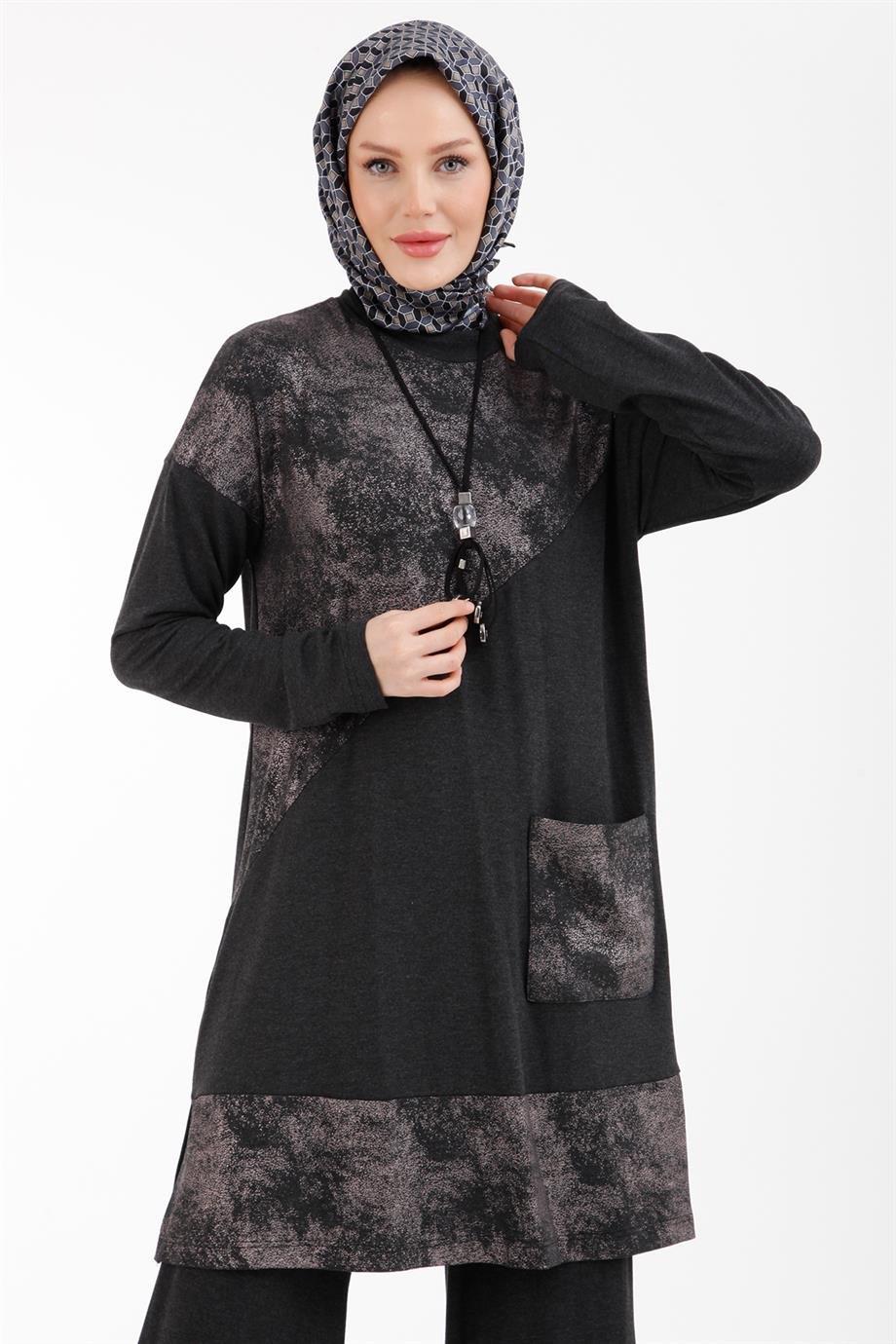 ARMİNE TREND Örme Krep Kumaş Pantolon Beli Lastikli İkili Takım-Antrasit 23YT627
