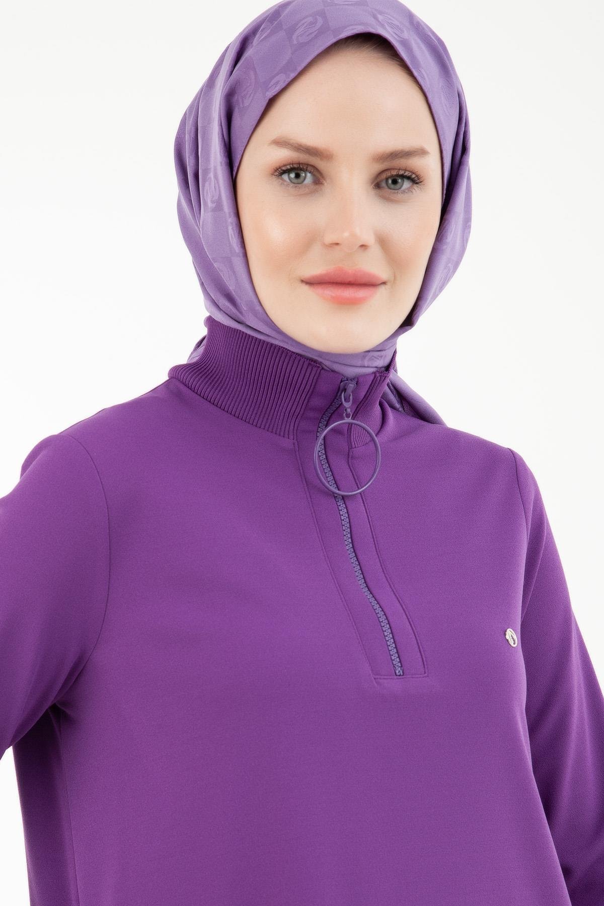 ARMİNE TREND Örme Kumaş Yakası Fermuarlı Ribanalı Kışlık Tunik-Mor 23KT442