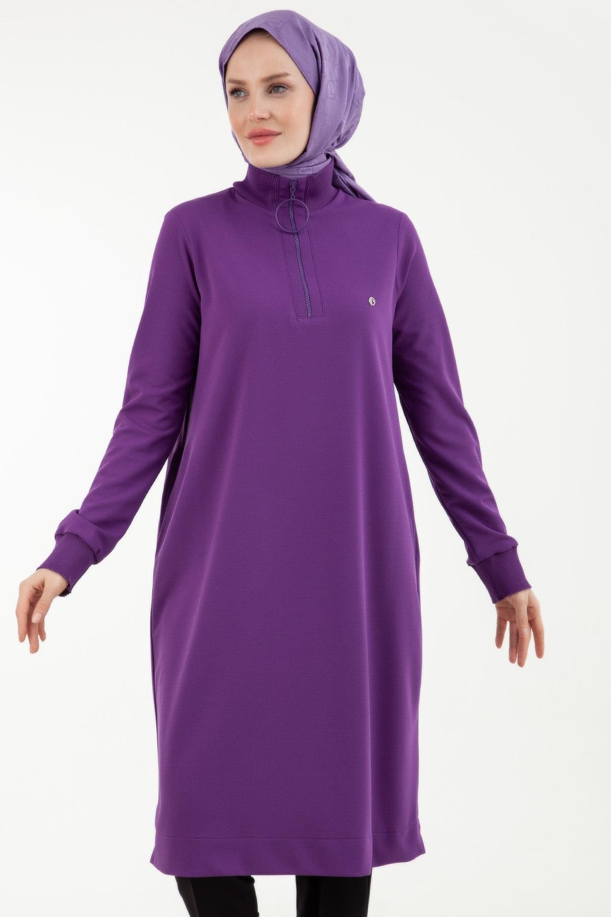 ARMİNE TREND Örme Kumaş Yakası Fermuarlı Ribanalı Kışlık Tunik-Mor 23KT442
