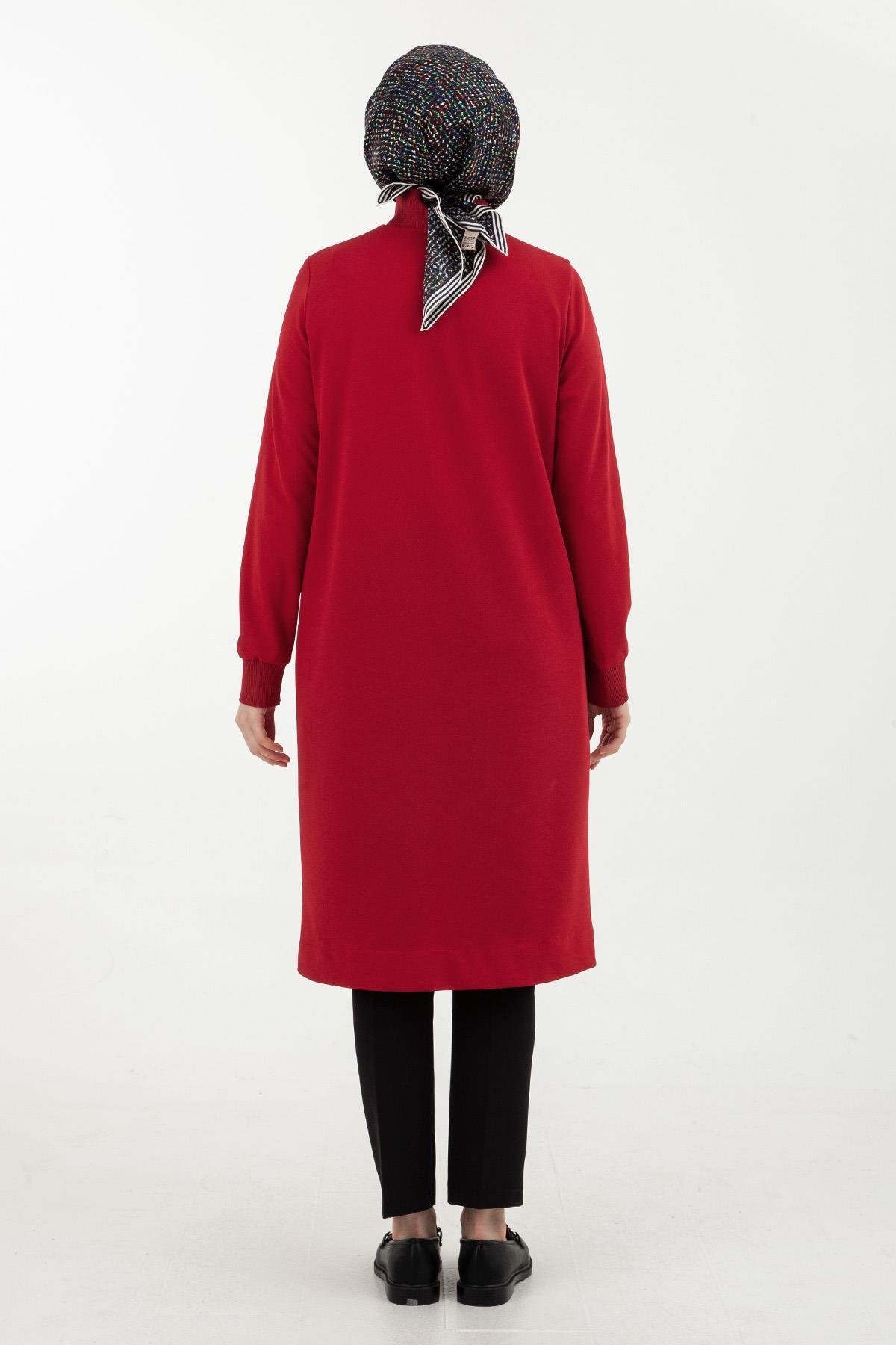 ARMİNE TREND Örme Kumaş Yakası Fermuarlı Ribanalı Kışlık Tunik-Kırmızı 23KT442
