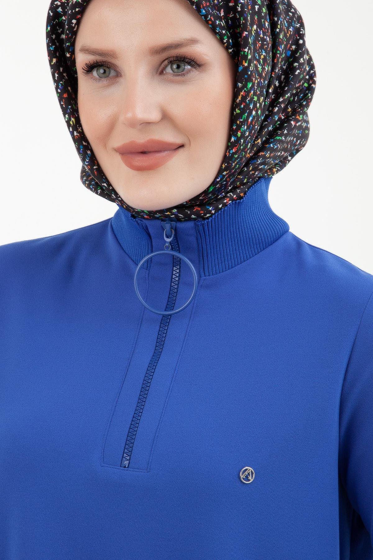 ARMİNE TREND Örme Kumaş Yakası Fermuarlı Ribanalı Kışlık Tunik-Mavi 23KT442